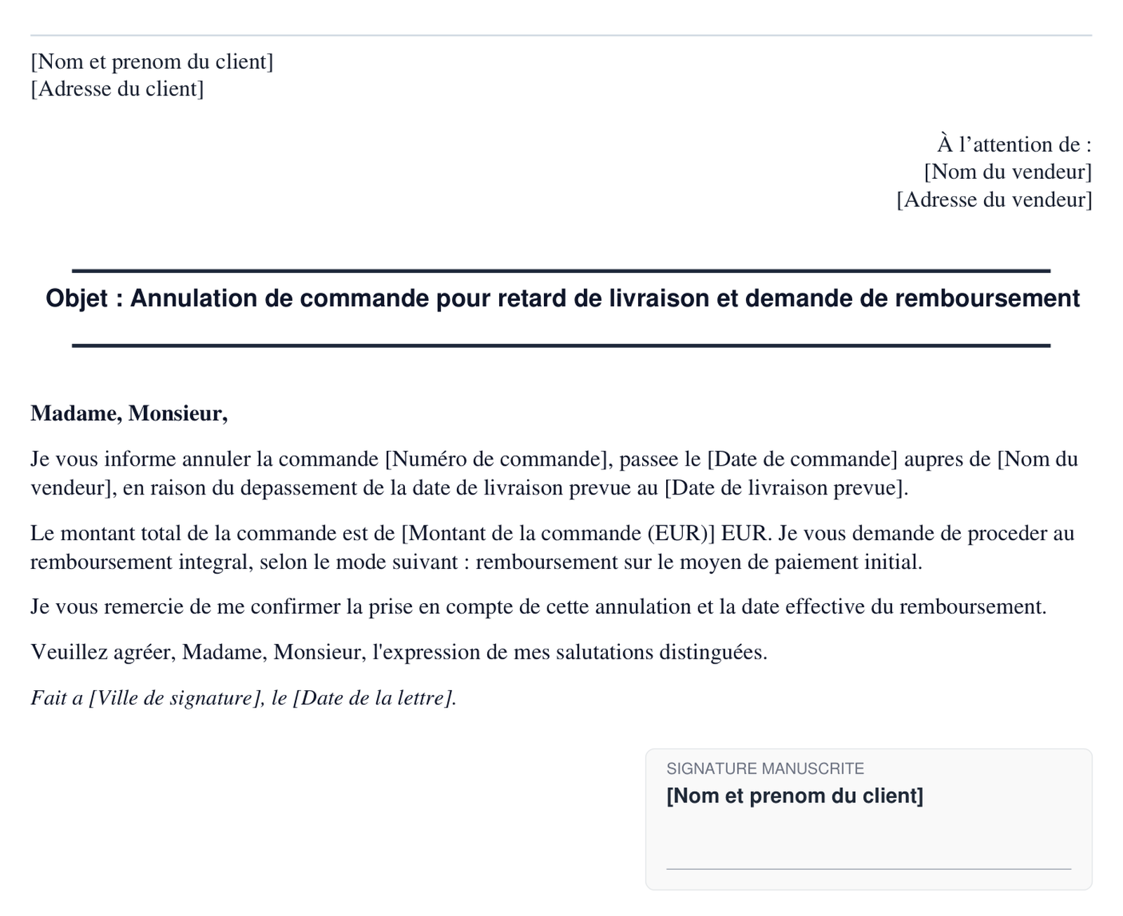 Exemple d'annulation de commande pour retard de livraison en format PDF