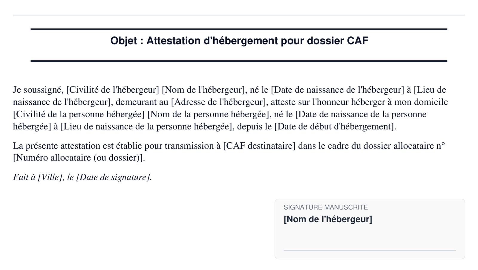 Exemple d'attestation d'hebergement pour dossier CAF en format PDF