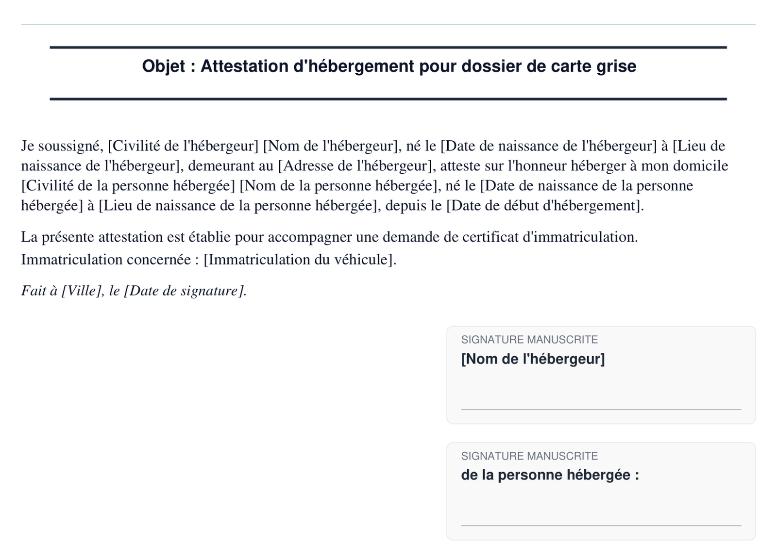 Exemple d'attestation d'hebergement pour dossier de carte grise en format PDF