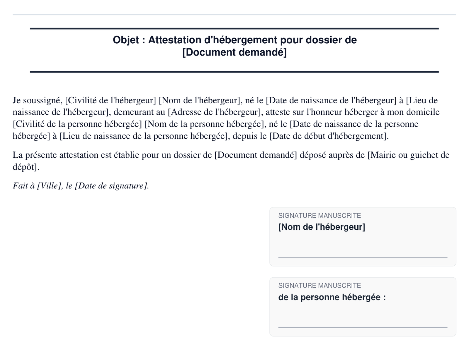 Exemple d'attestation d'hebergement pour dossier CNI ou passeport en format PDF