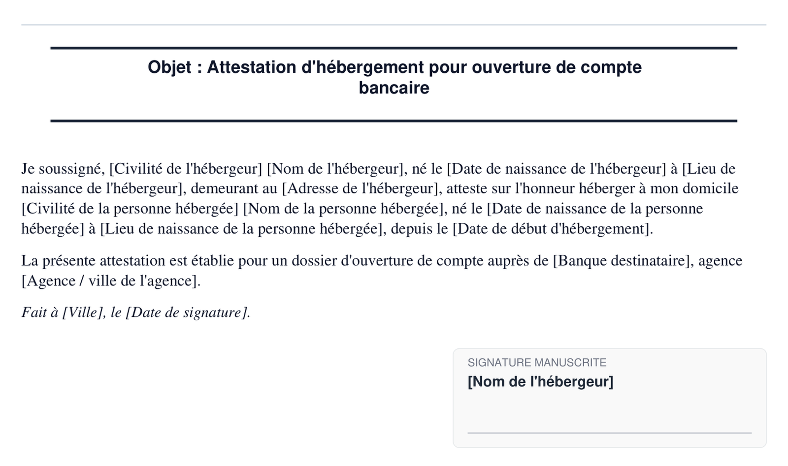 Exemple d'attestation d'hebergement pour ouverture de compte bancaire en format PDF