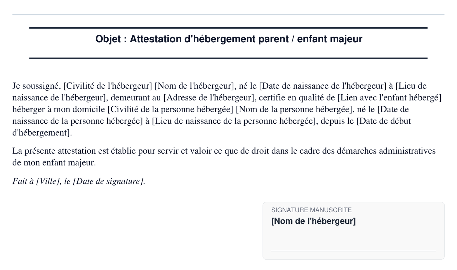 Exemple d'attestation d'hebergement parent enfant majeur en format PDF