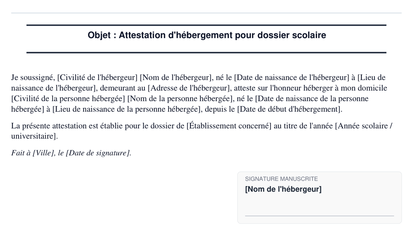 Exemple d'attestation d'hebergement pour dossier de scolarite en format PDF