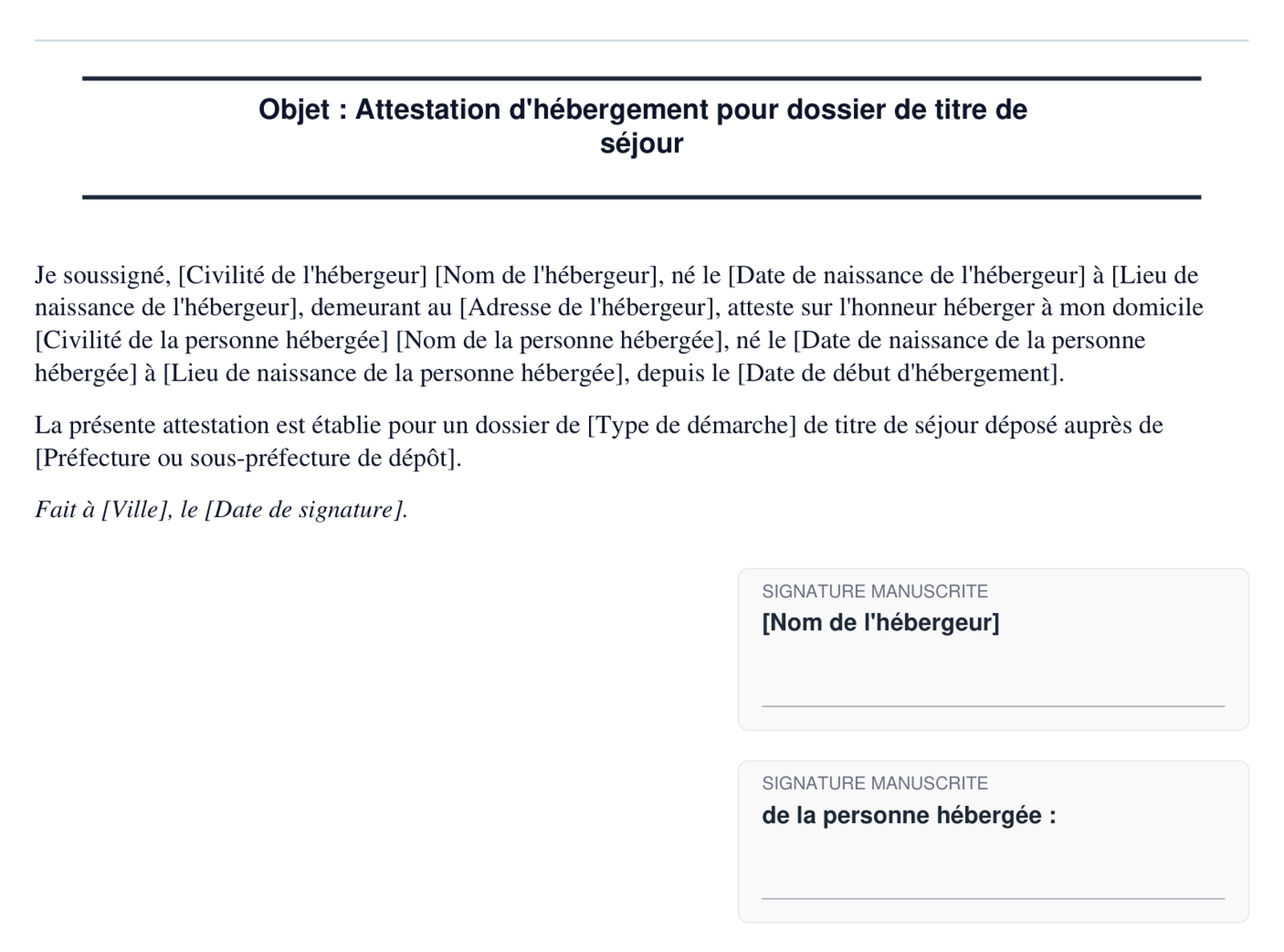 Exemple d'attestation d'hebergement pour dossier de titre de sejour en format PDF
