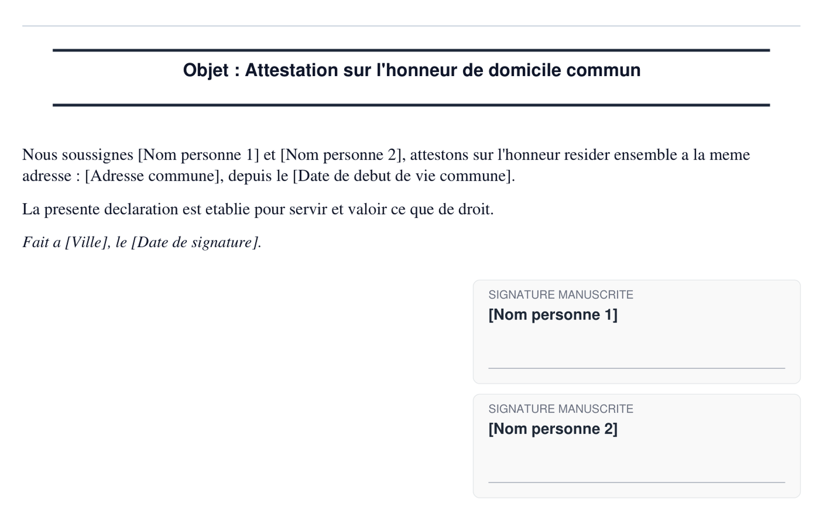 Exemple d'attestation sur l'honneur de domicile commun en format PDF