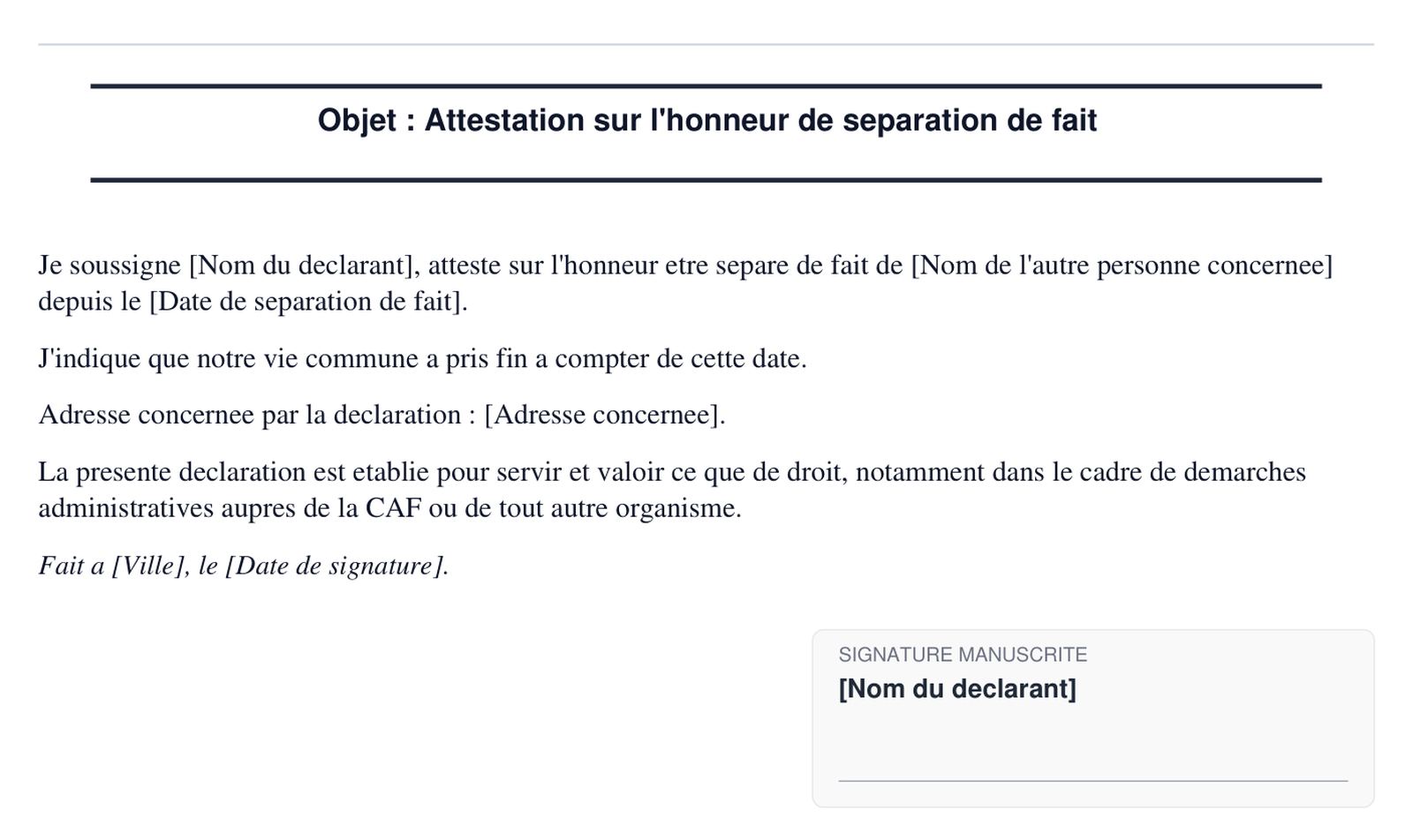 Exemple d'attestation sur l'honneur de separation de fait pour dossier CAF en format PDF