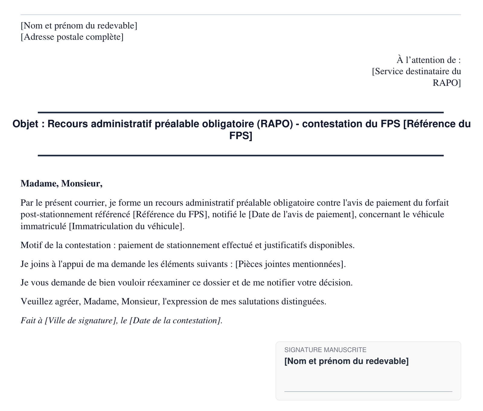 Exemple de contestation d'un forfait post-stationnement en format PDF