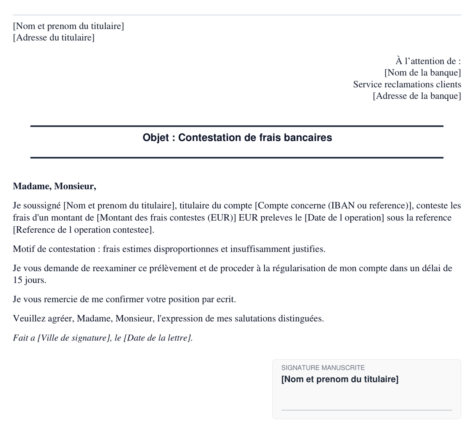 Exemple de contestation de frais bancaires abusifs en format PDF