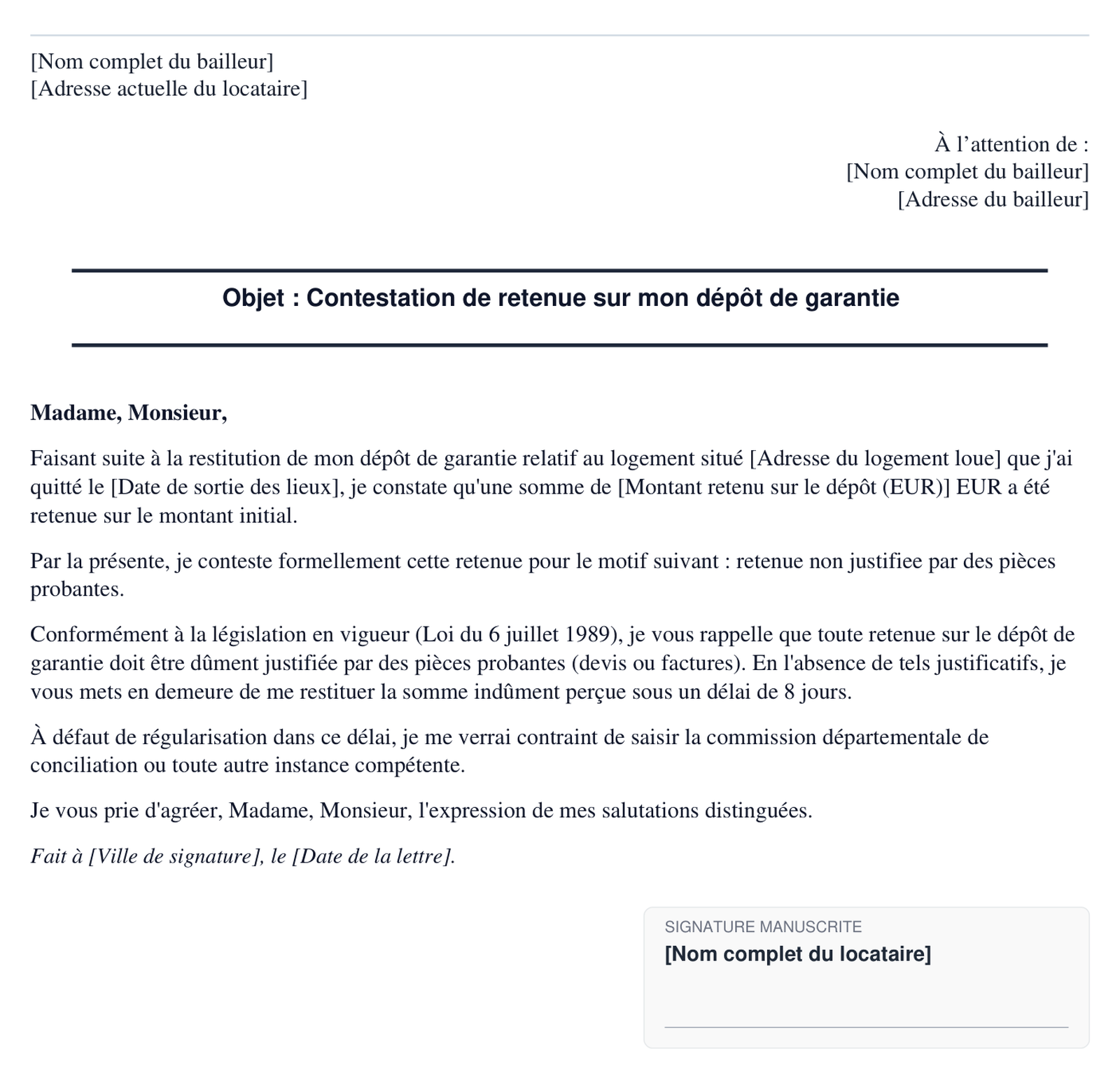 Exemple de contestation de retenue sur depot de garantie en format PDF