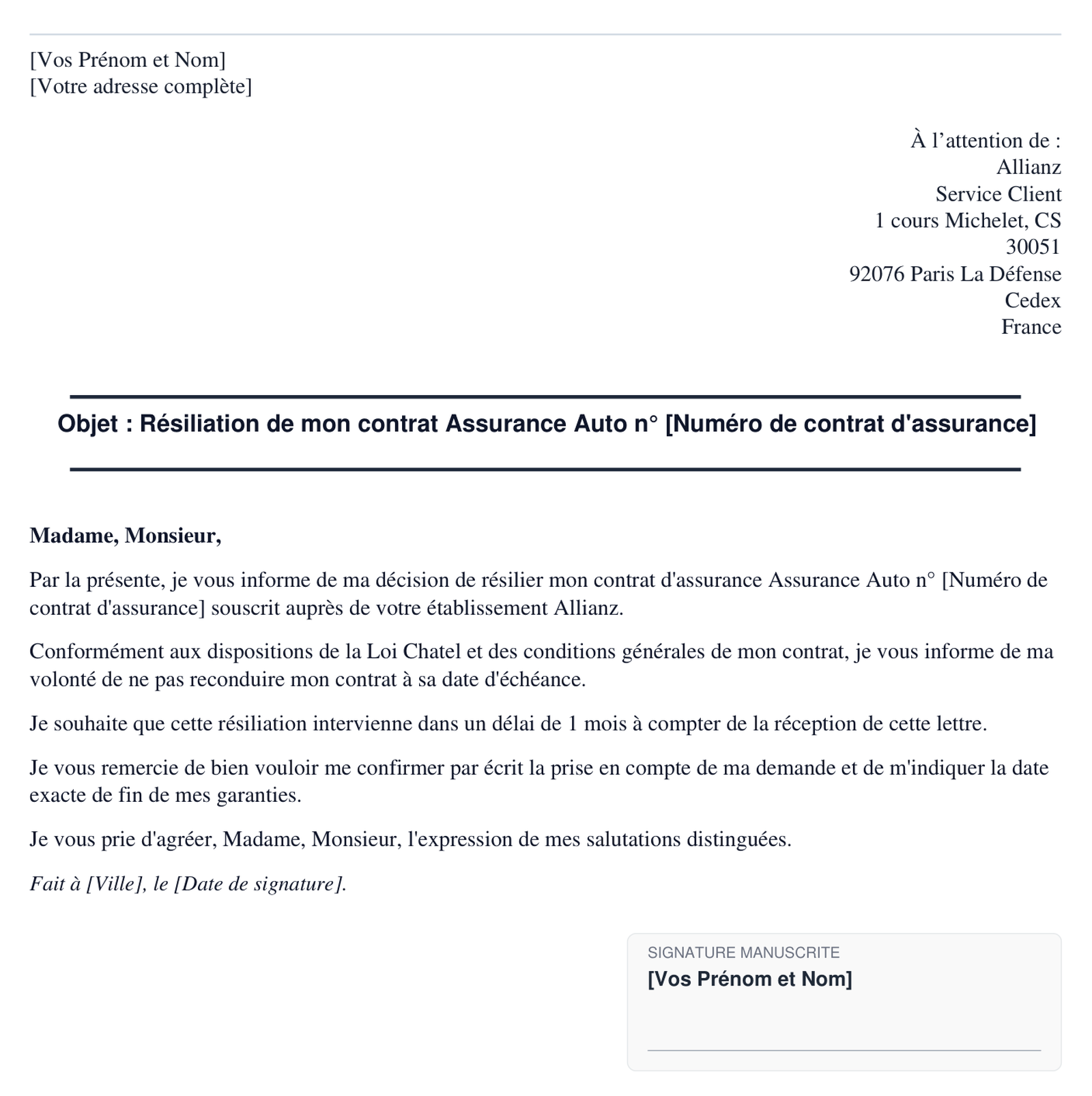 Exemple de lettre de resiliation Allianz en format PDF