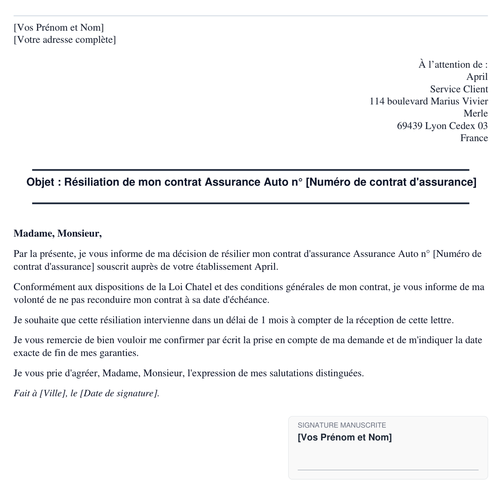 Exemple de lettre de resiliation April en format PDF