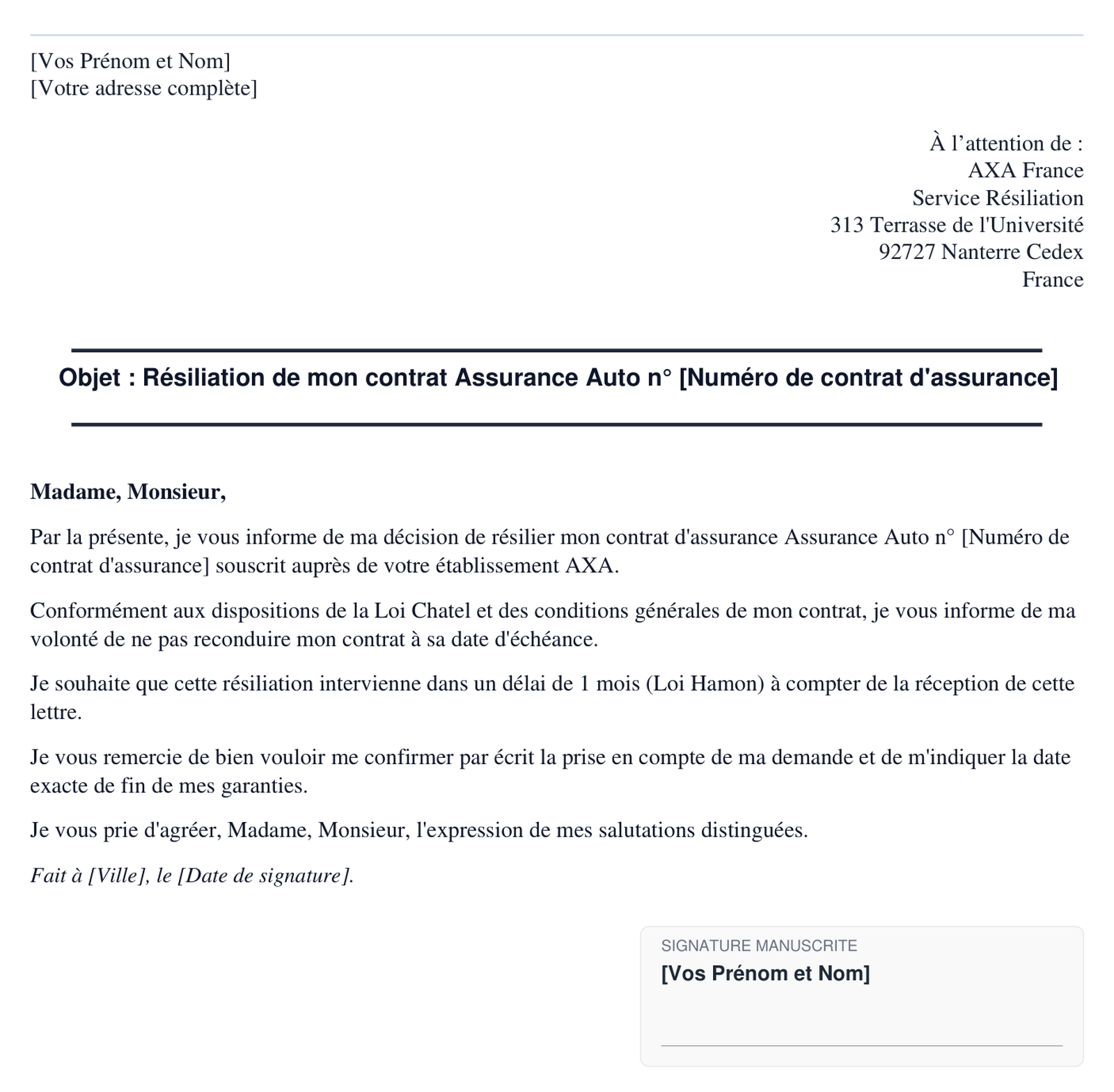Exemple de lettre de resiliation AXA en format PDF