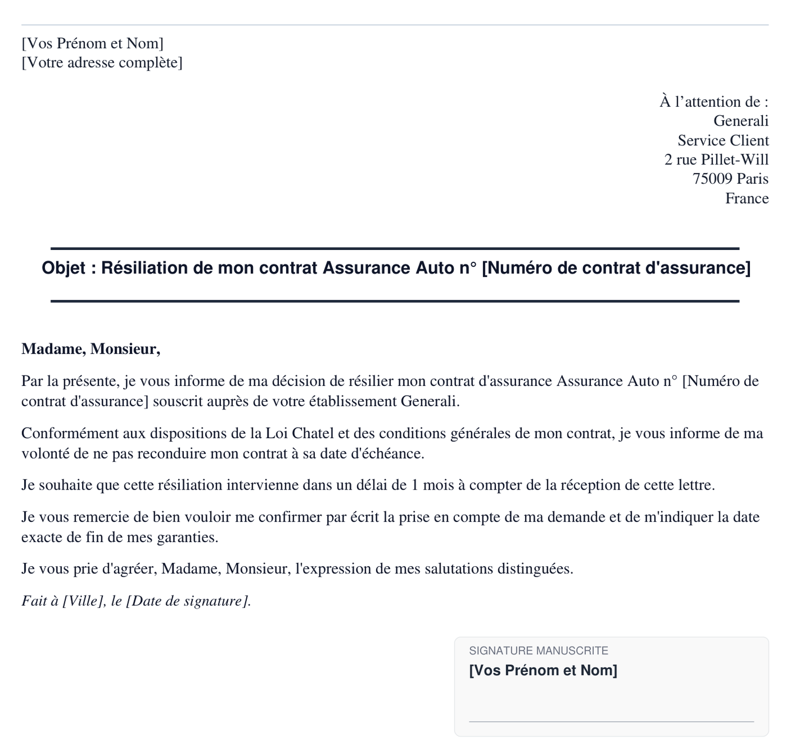 Exemple de lettre de resiliation Generali en format PDF