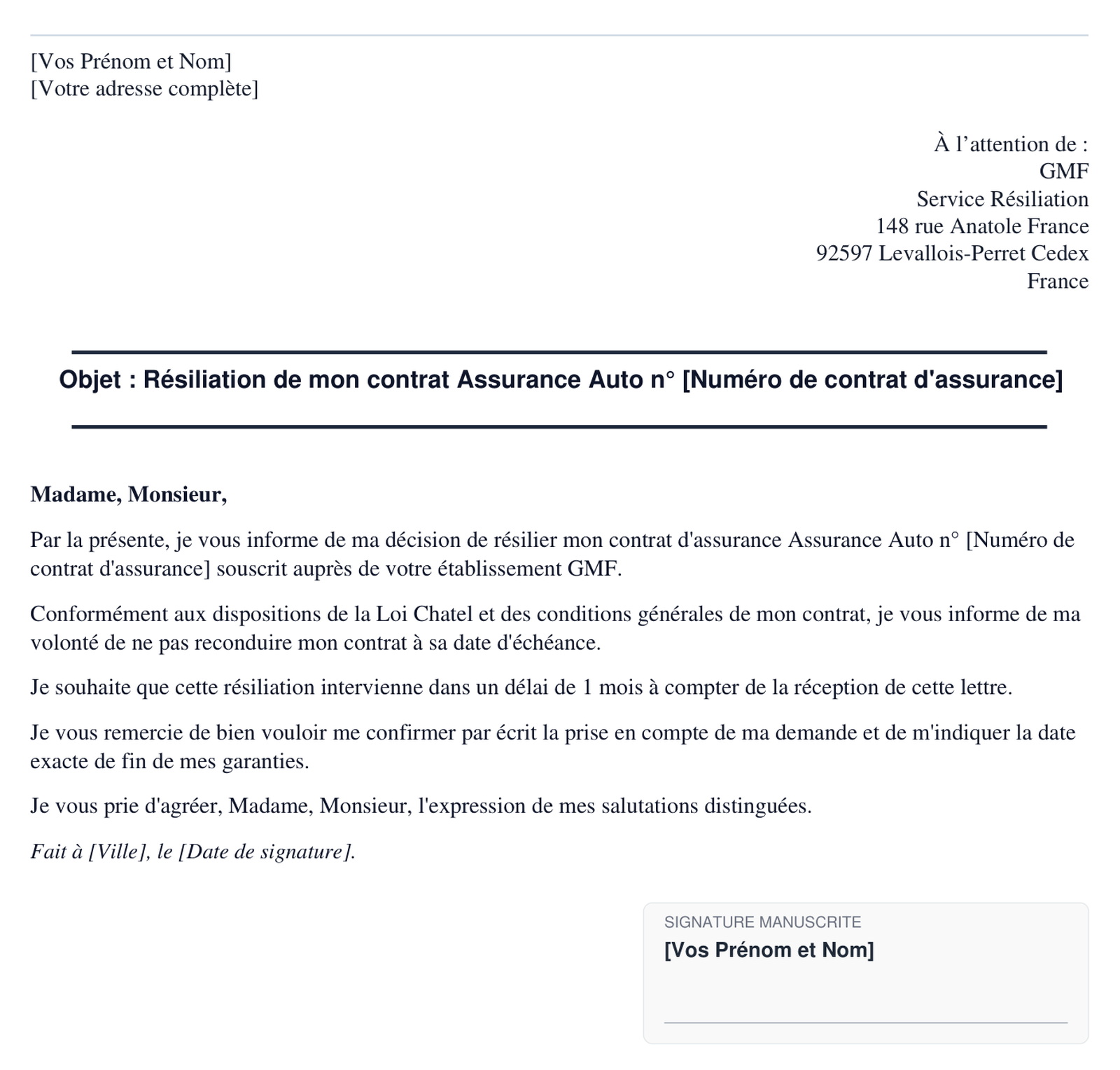 Exemple de lettre de resiliation GMF en format PDF