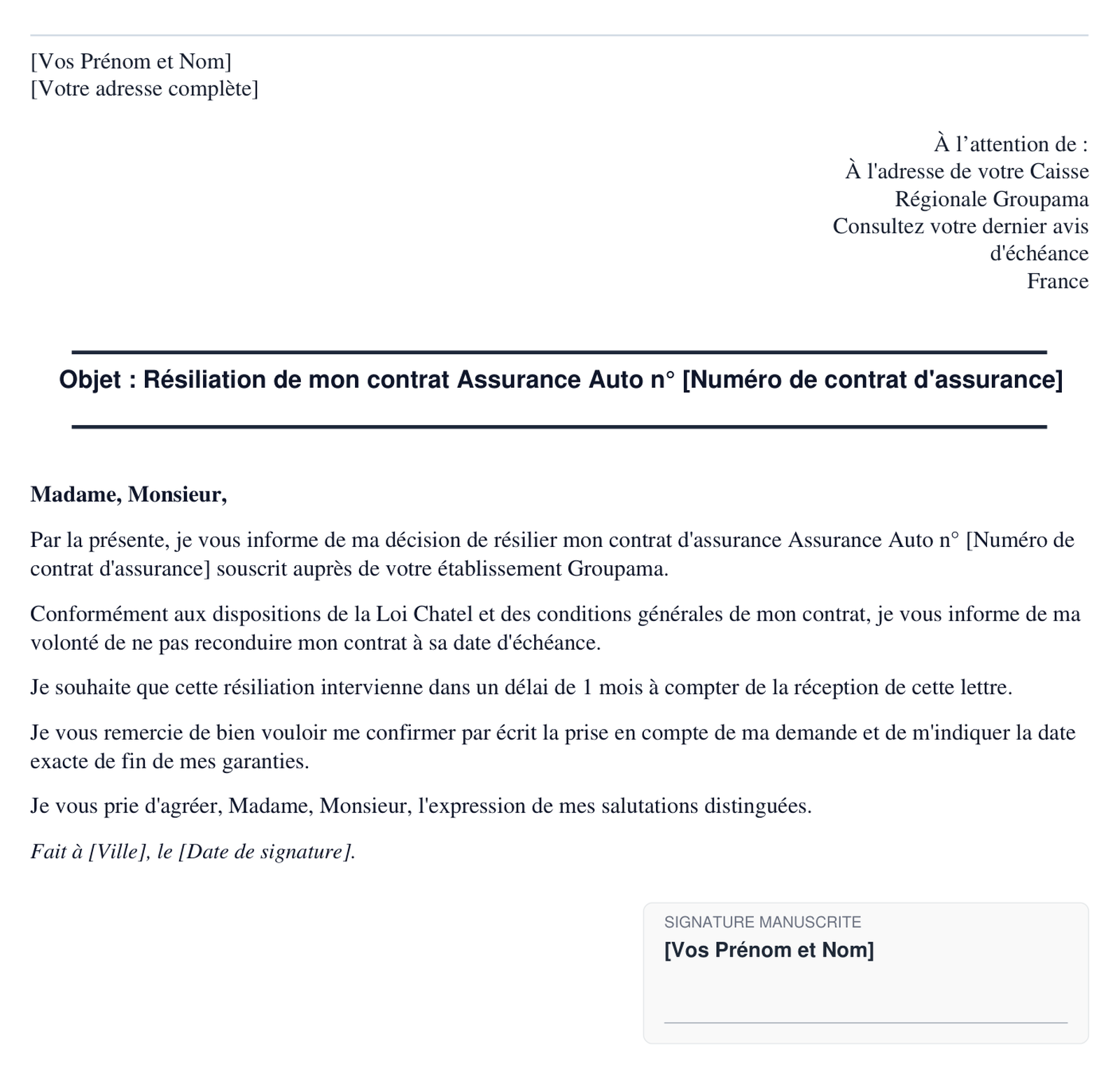 Exemple de lettre de resiliation Groupama en format PDF