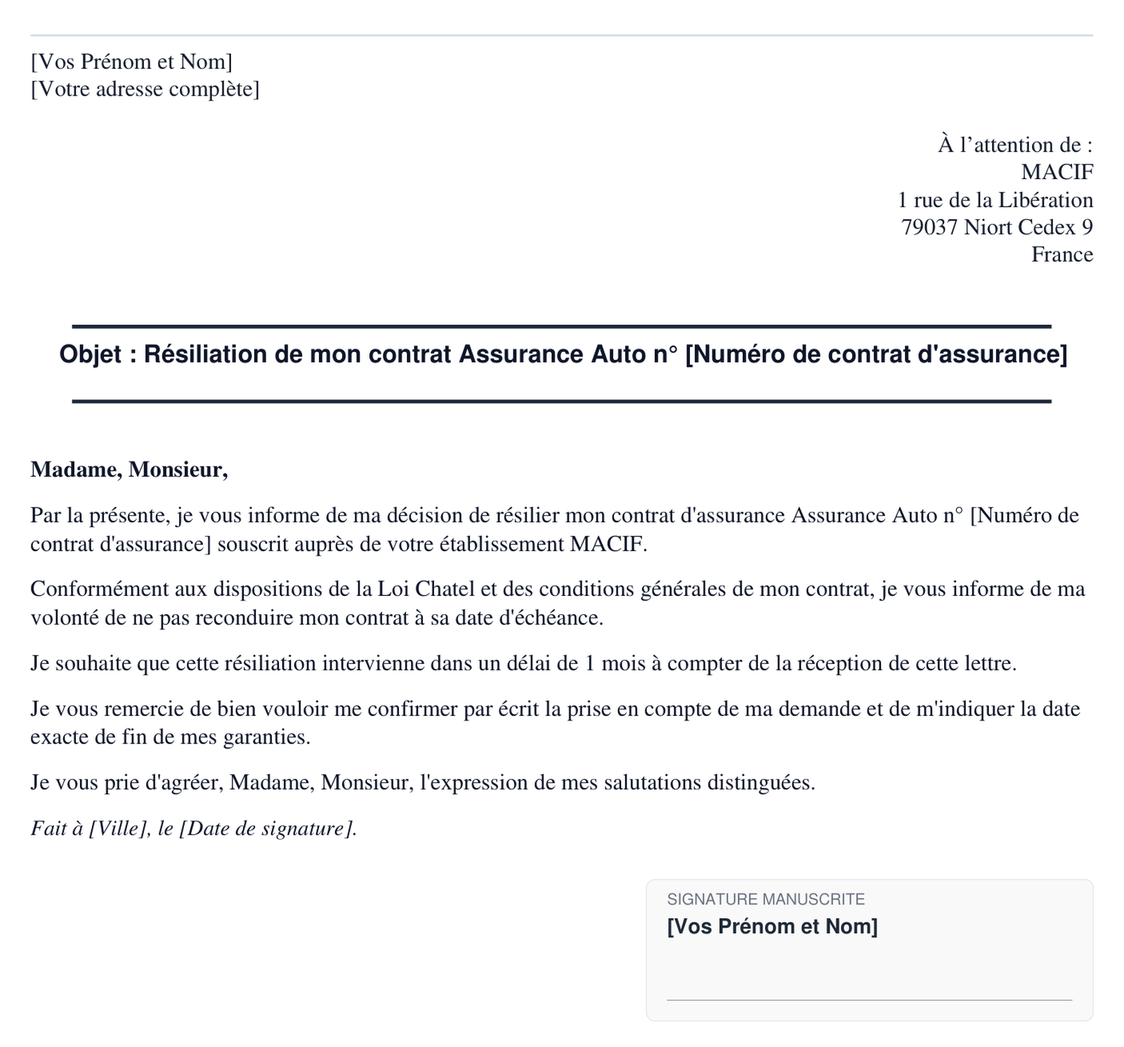 Exemple de lettre de resiliation MACIF en format PDF