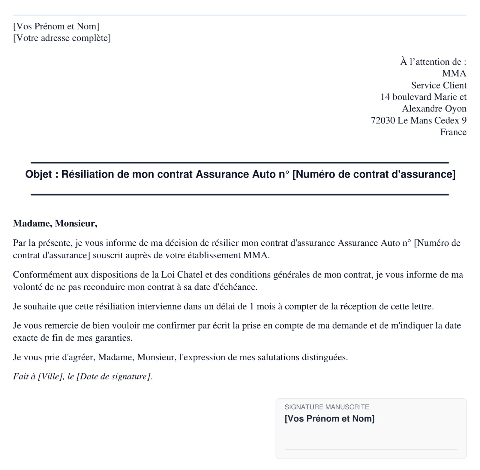Exemple de lettre de resiliation MMA en format PDF