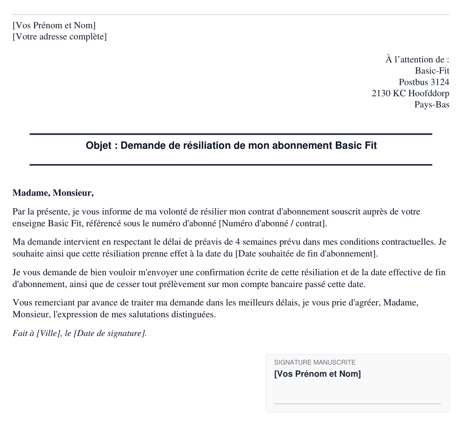 Exemple de lettre de resiliation Basic Fit en format PDF