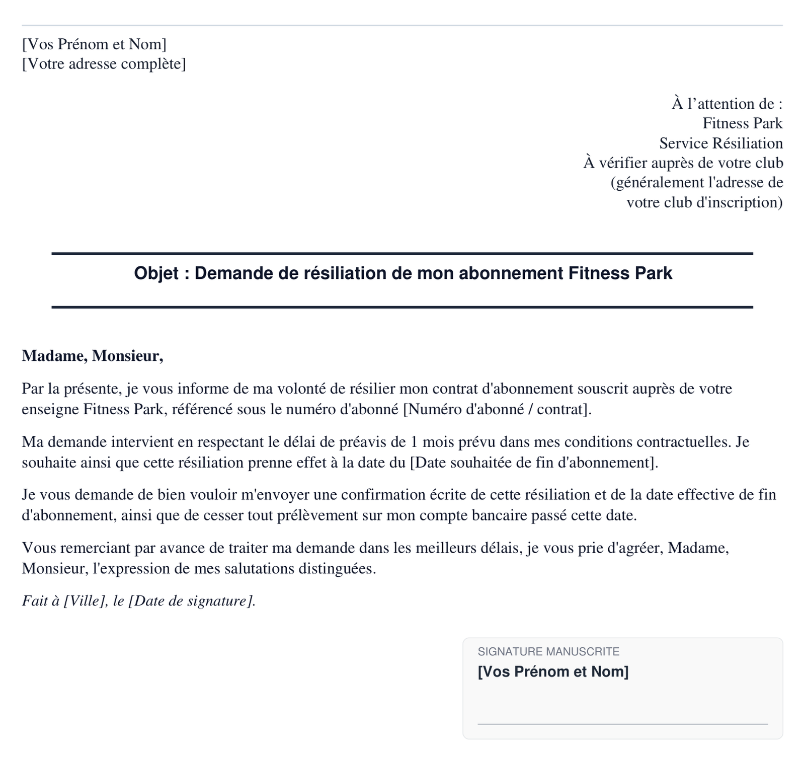 Exemple de lettre de resiliation Fitness Park en format PDF
