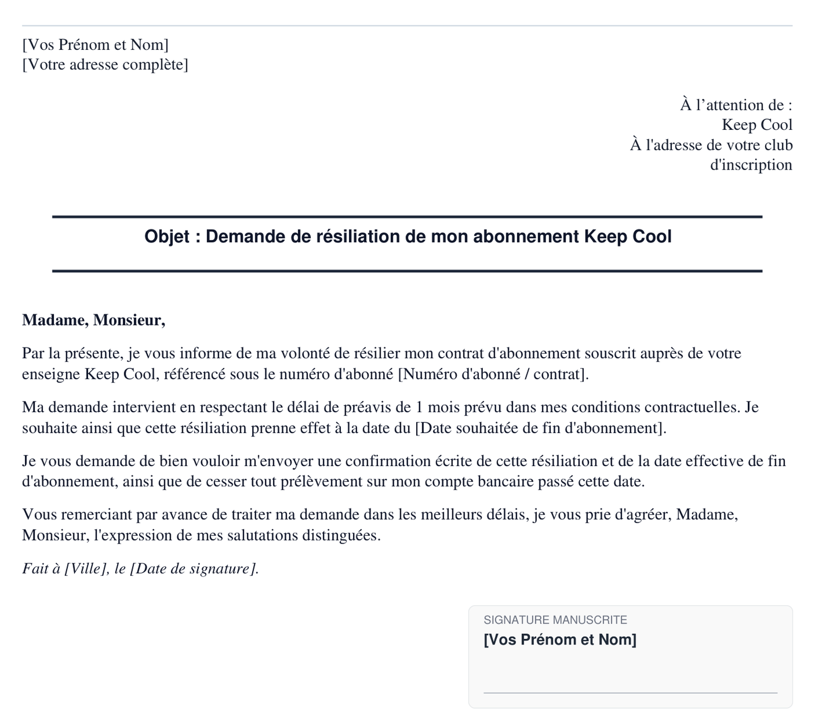 Exemple de lettre de resiliation Keep Cool en format PDF