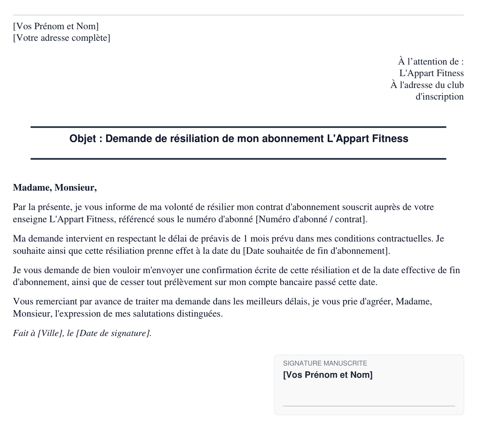 Exemple de lettre de resiliation L'Appart Fitness en format PDF