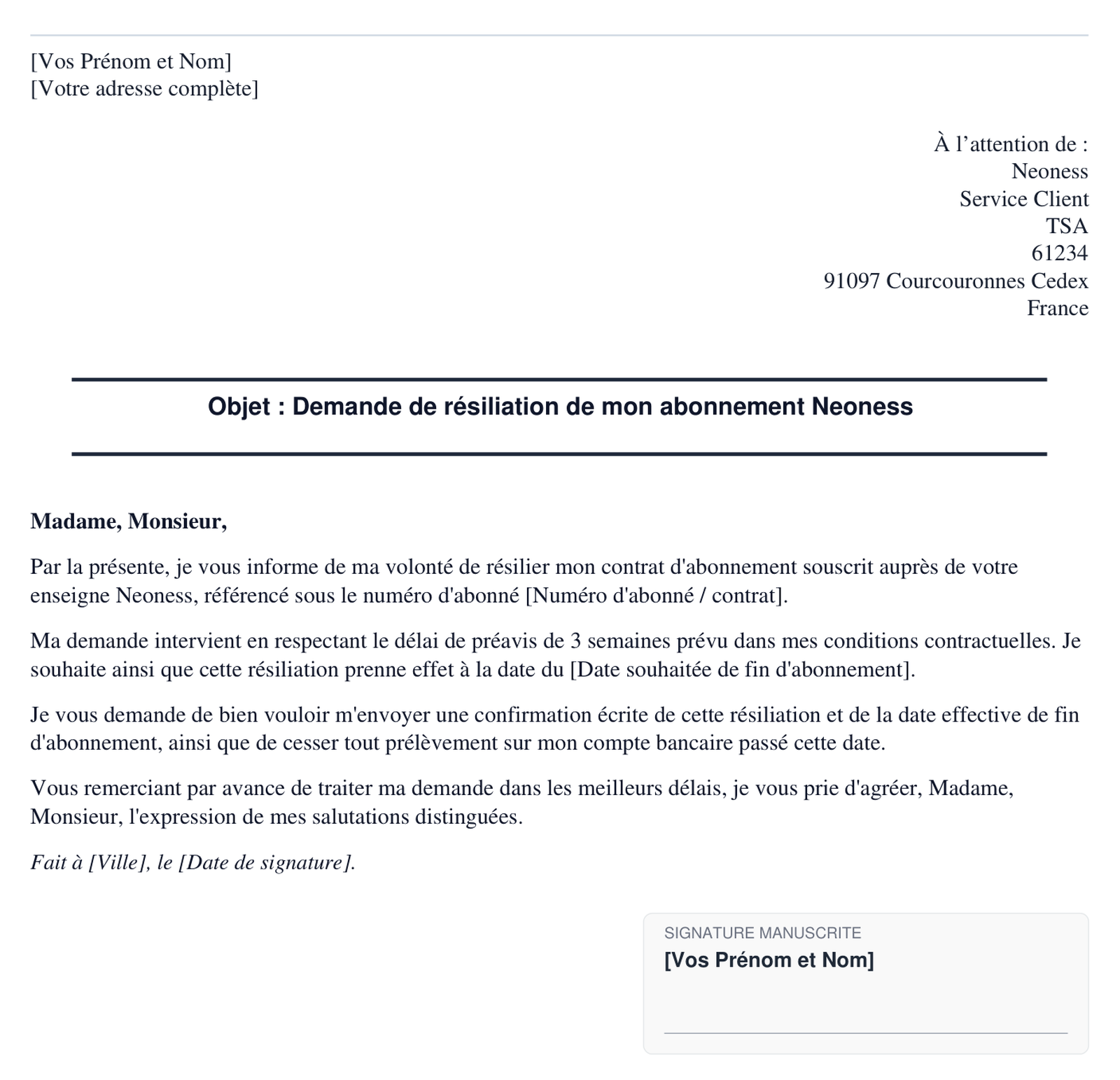 Exemple de lettre de resiliation Neoness en format PDF