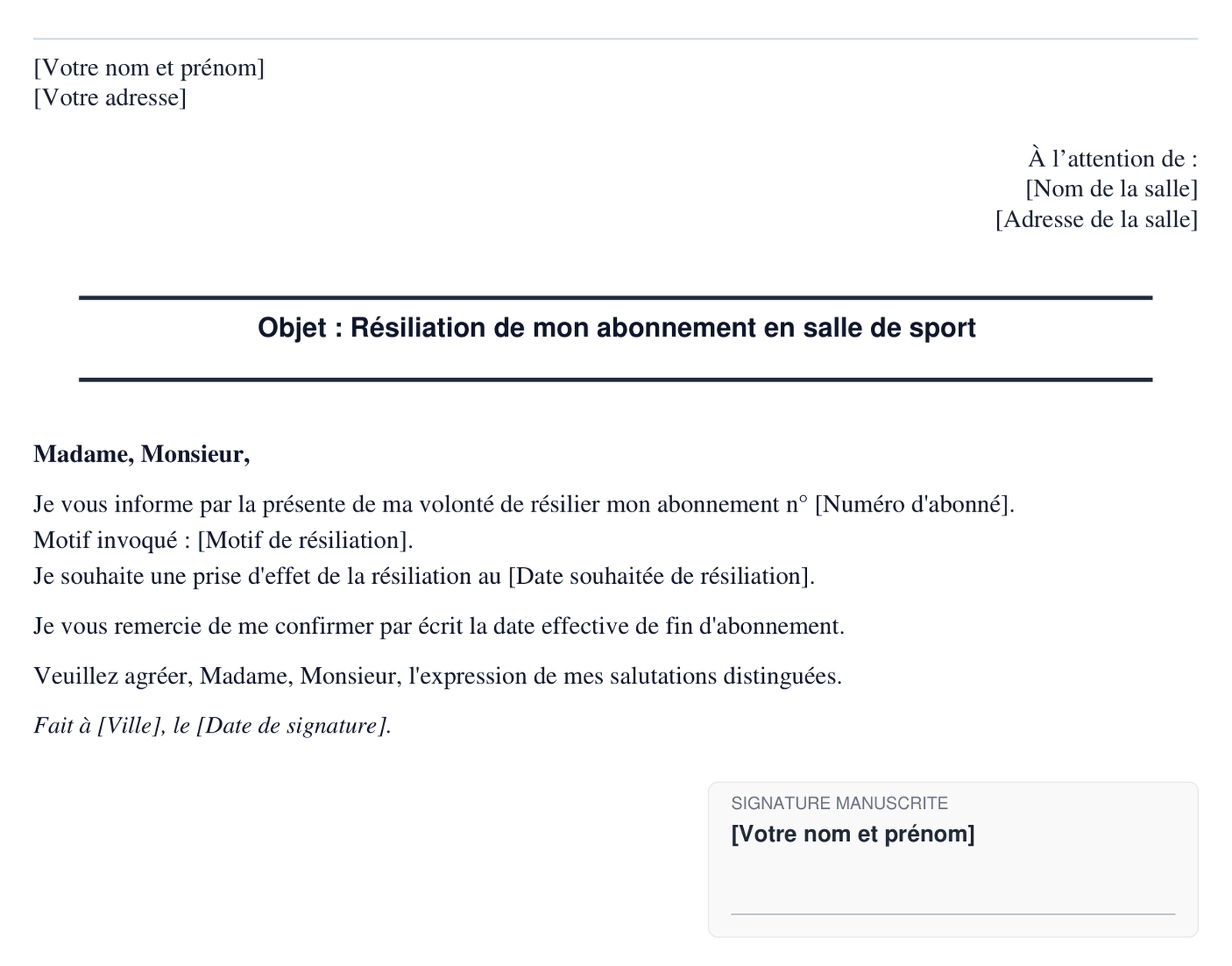 Exemple de lettre de resiliation de salle de sport en format PDF