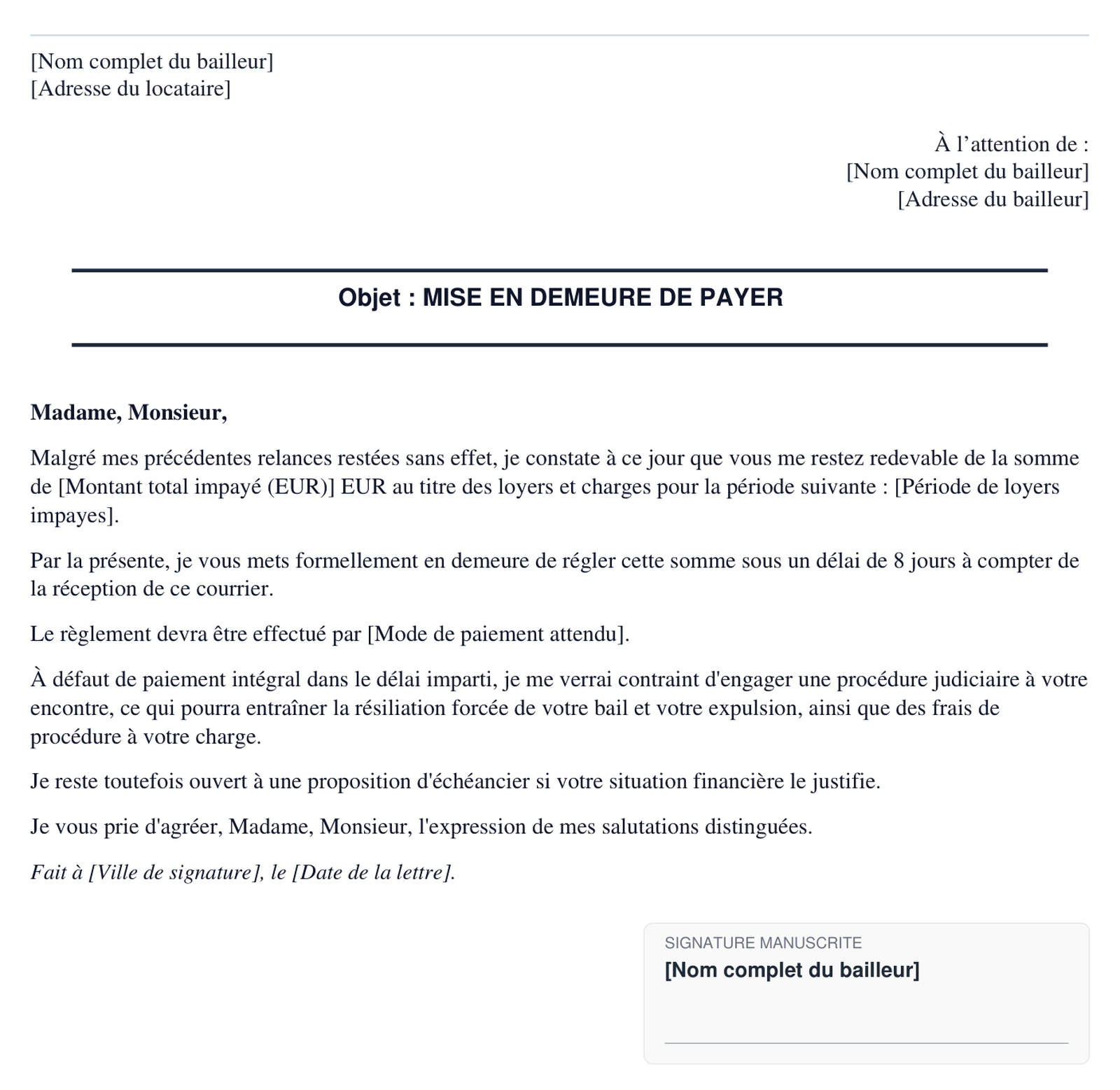 Exemple de mise en demeure de payer un loyer impaye en format PDF