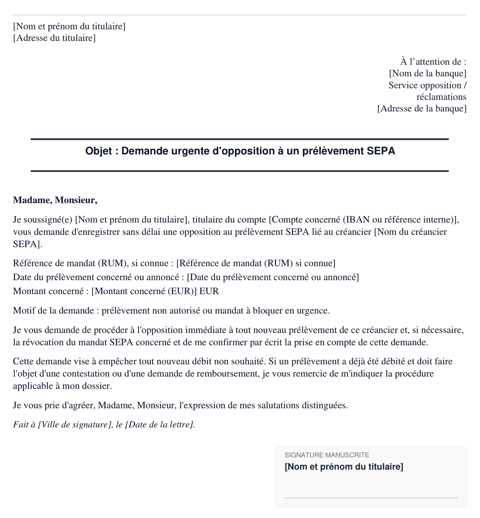 Exemple de demande d'opposition a un prelevement SEPA en format PDF