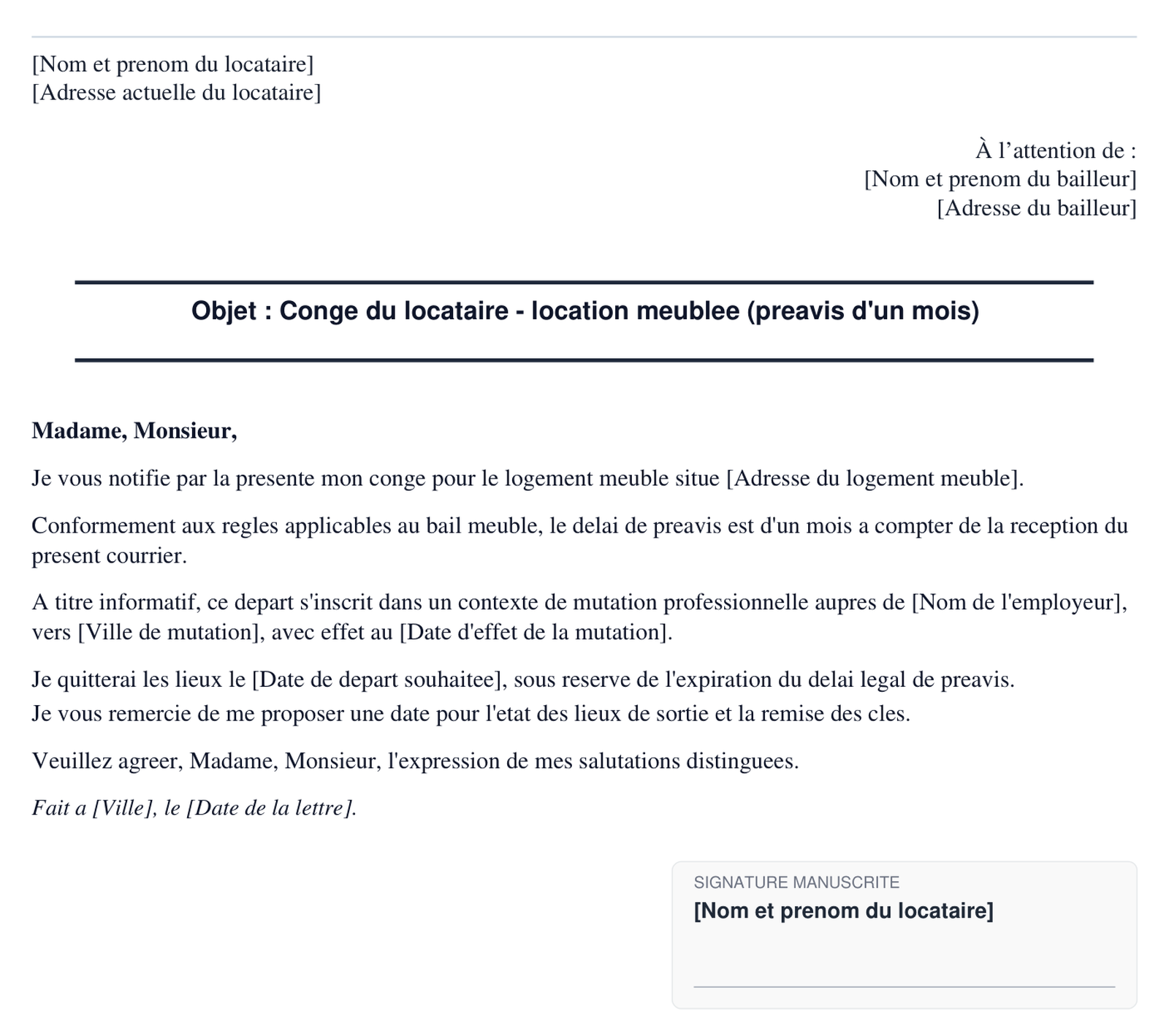 Exemple de conge du locataire pour location meublee en format PDF