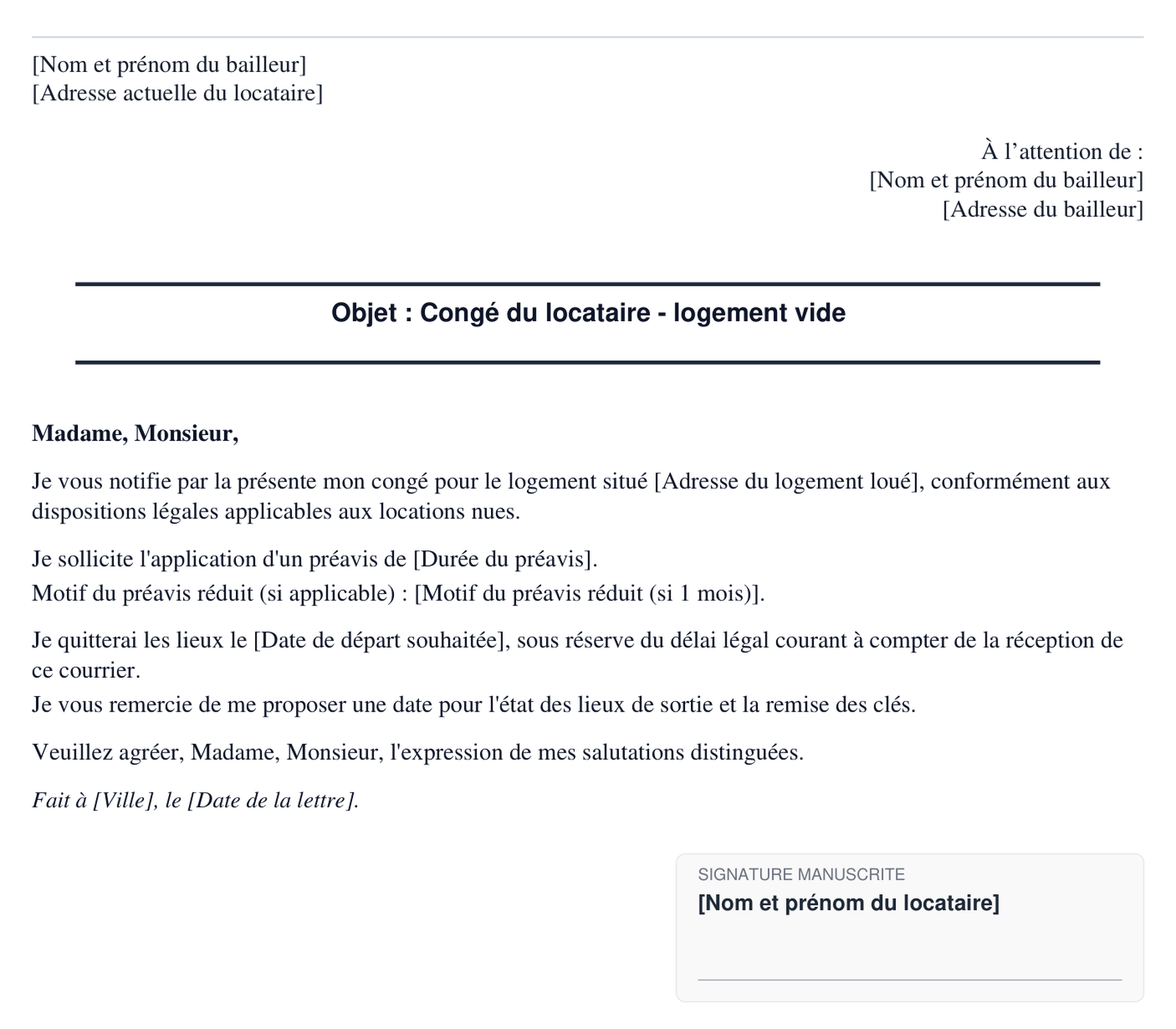 Exemple de conge du locataire pour logement vide en format PDF