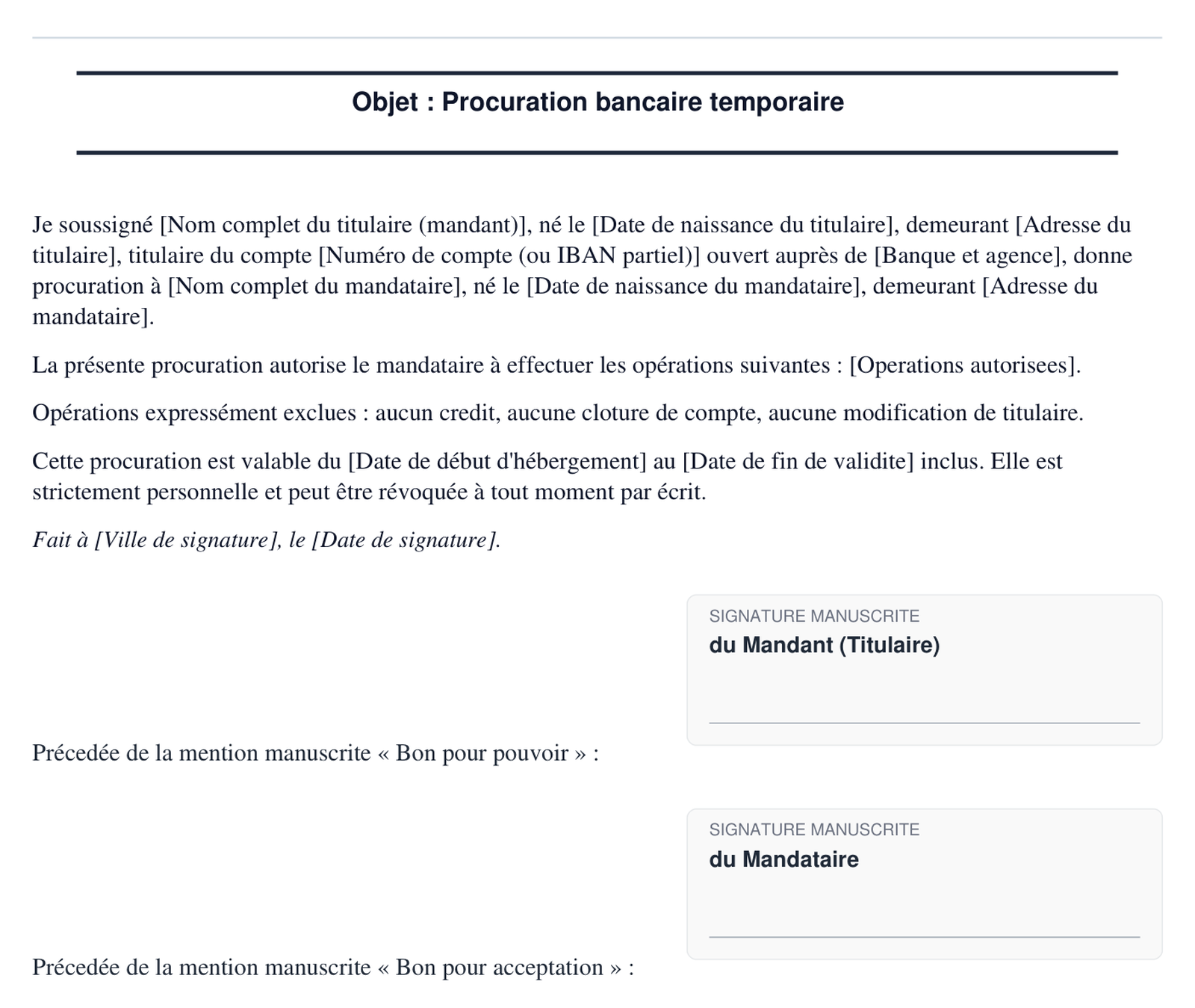 Exemple de procuration bancaire temporaire en format PDF
