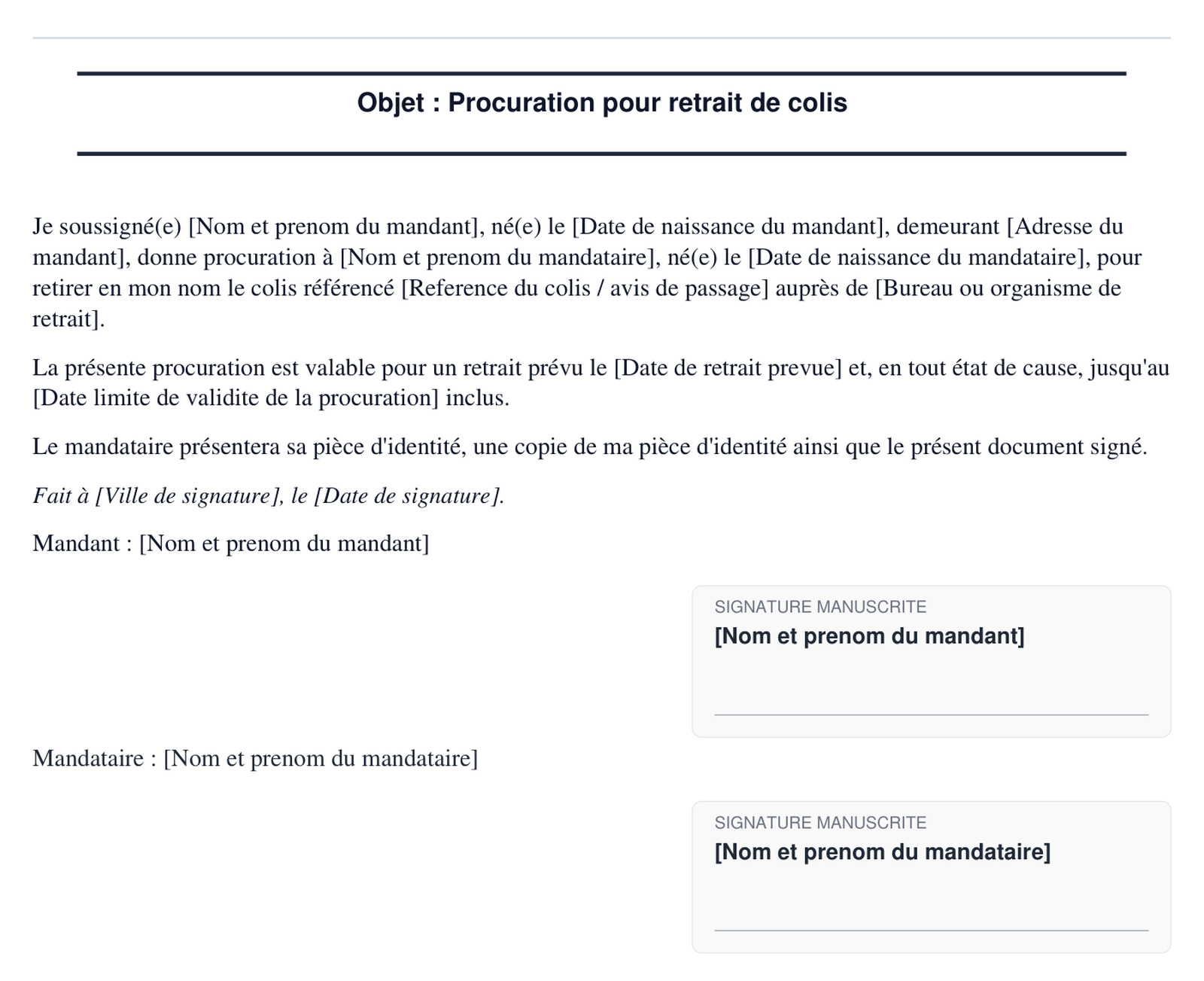 Exemple de procuration pour retrait de colis en format PDF
