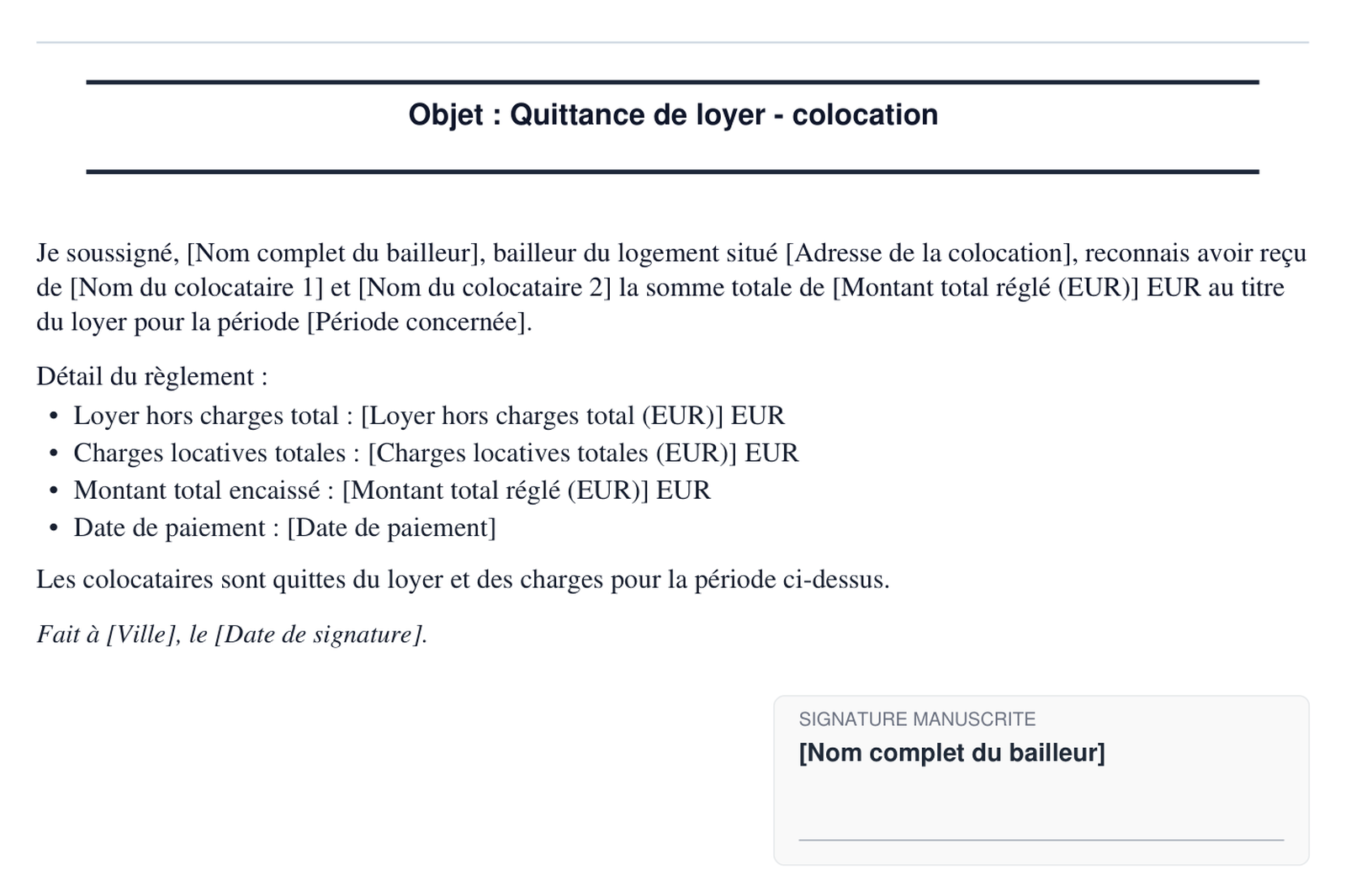 Exemple de quittance de loyer pour colocation en format PDF