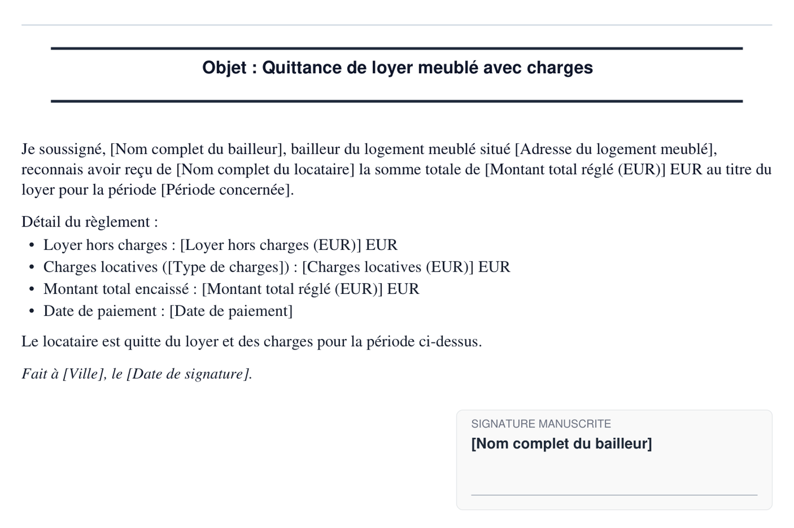 Exemple de quittance de loyer meublee avec charges en format PDF