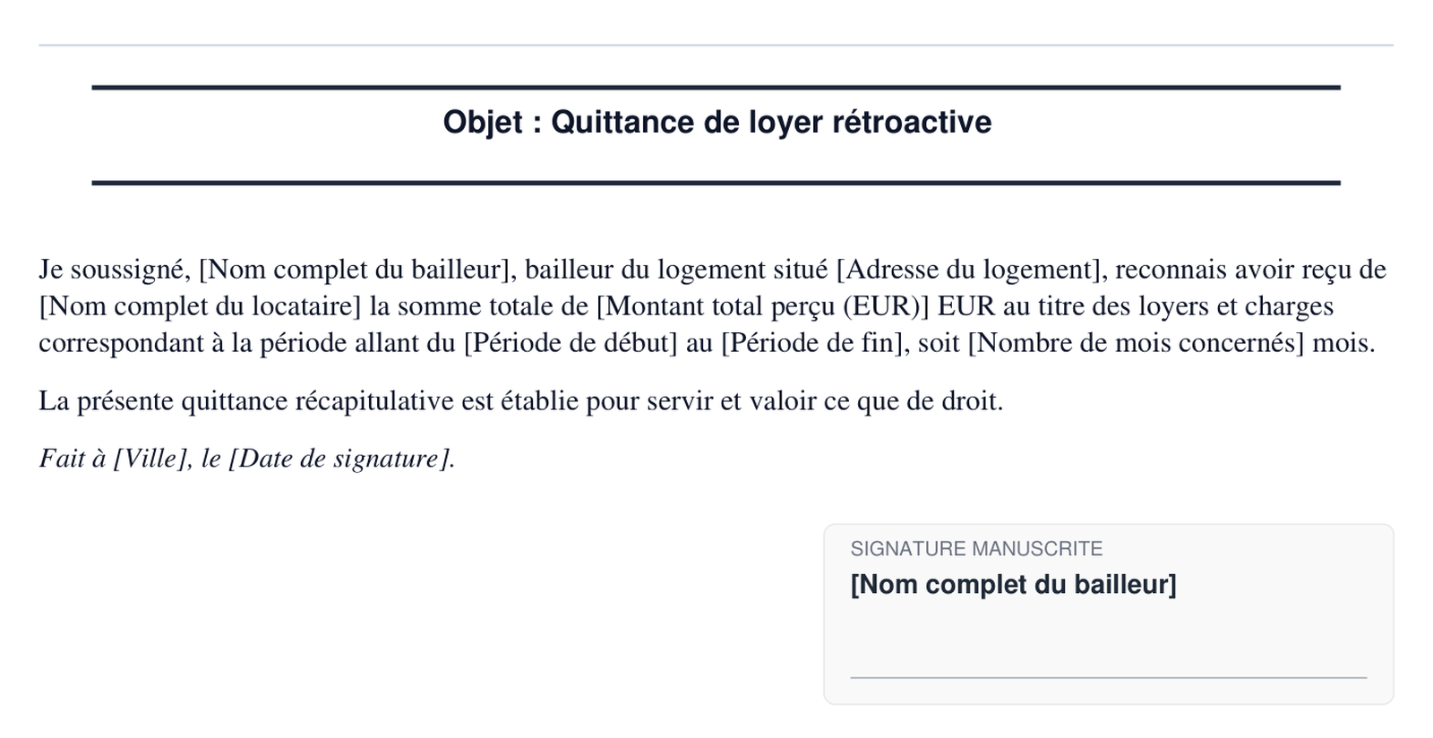 Exemple de quittance de loyer retroactive en format PDF