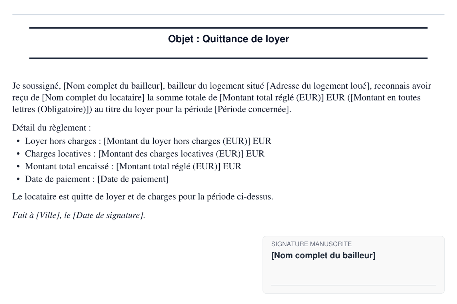 Exemple de quittance de loyer en format PDF