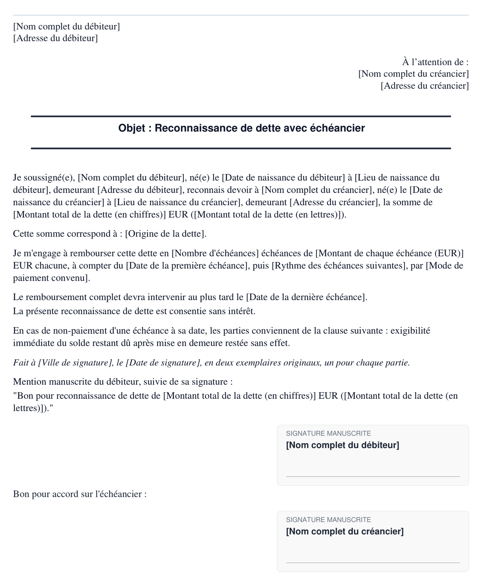 Exemple de reconnaissance de dette avec echeancier en format PDF