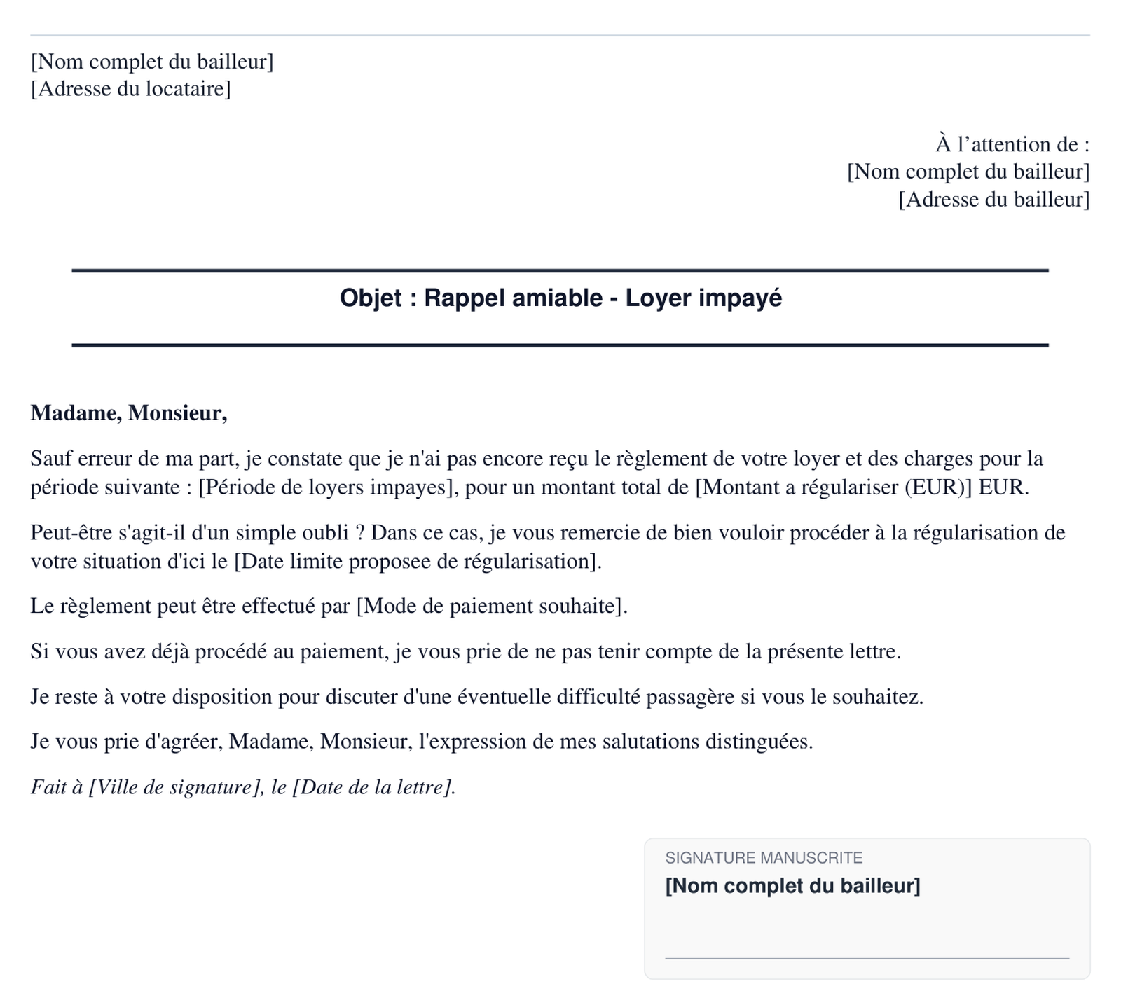 Exemple de rappel amiable pour loyer impaye en format PDF