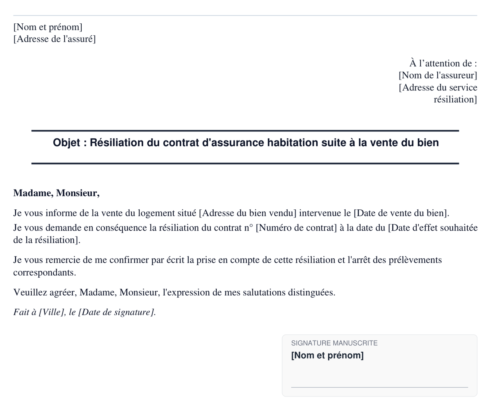 Exemple de resiliation d'assurance habitation apres vente en format PDF