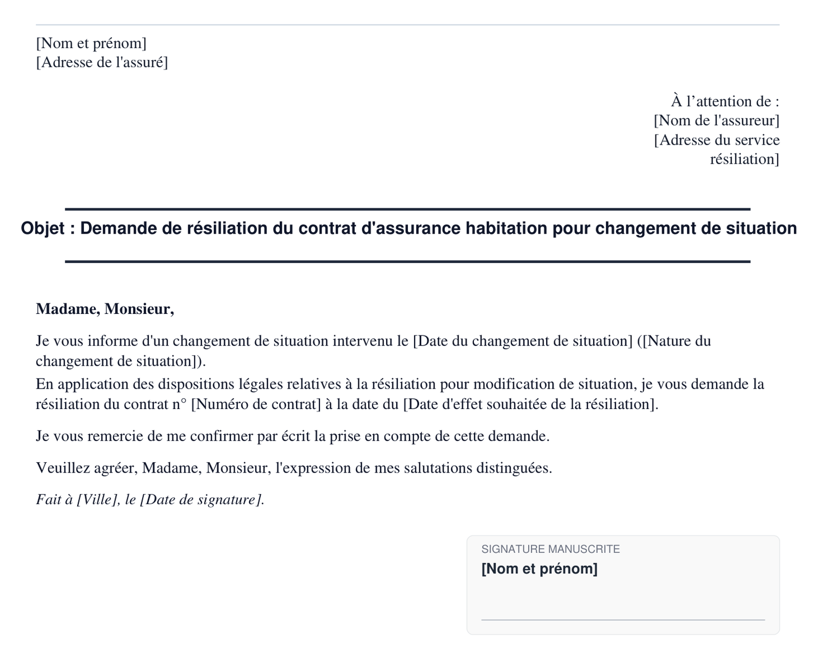 Exemple de resiliation d'assurance habitation pour changement de situation en format PDF