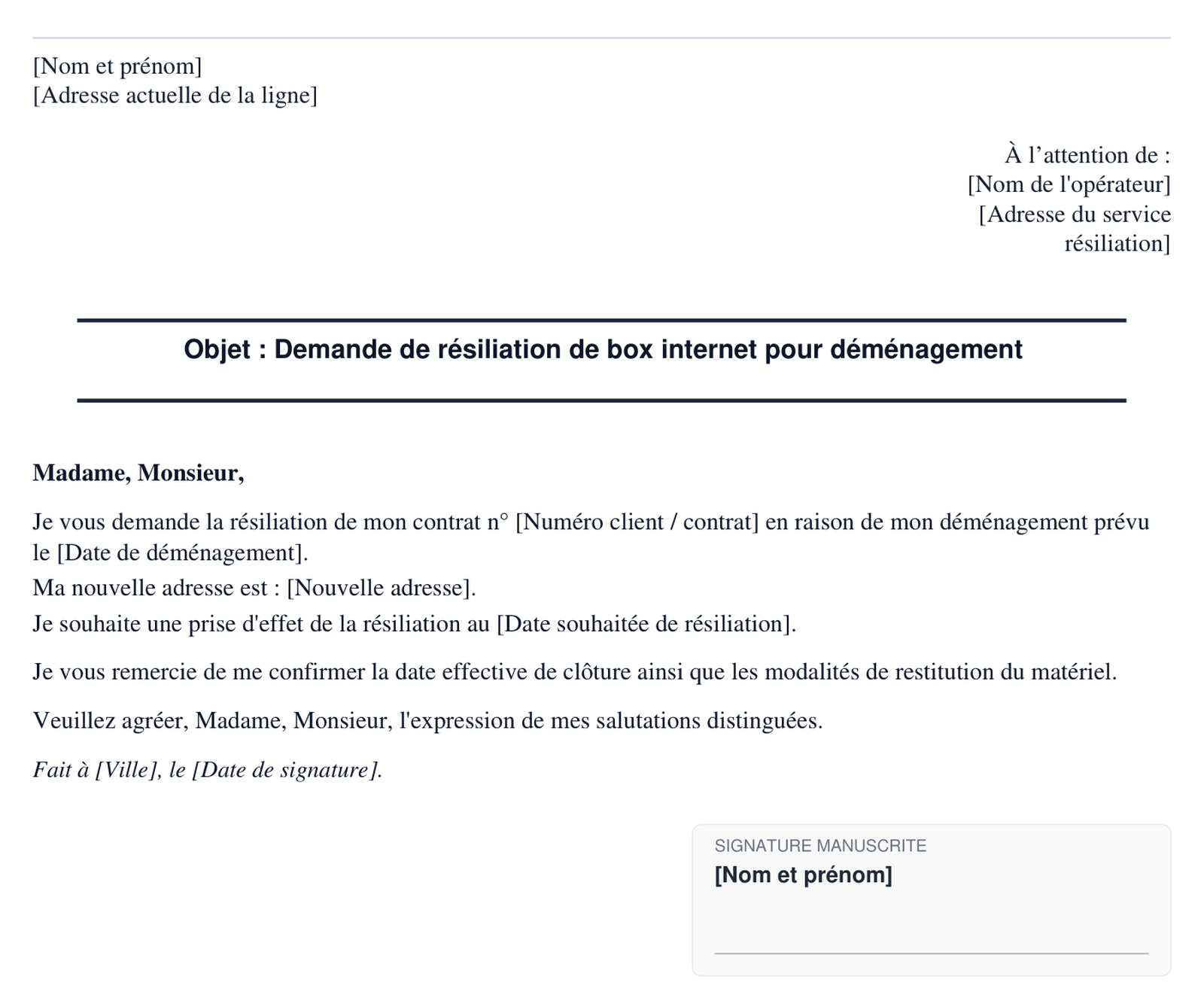 Exemple de resiliation de box internet pour demenagement en format PDF