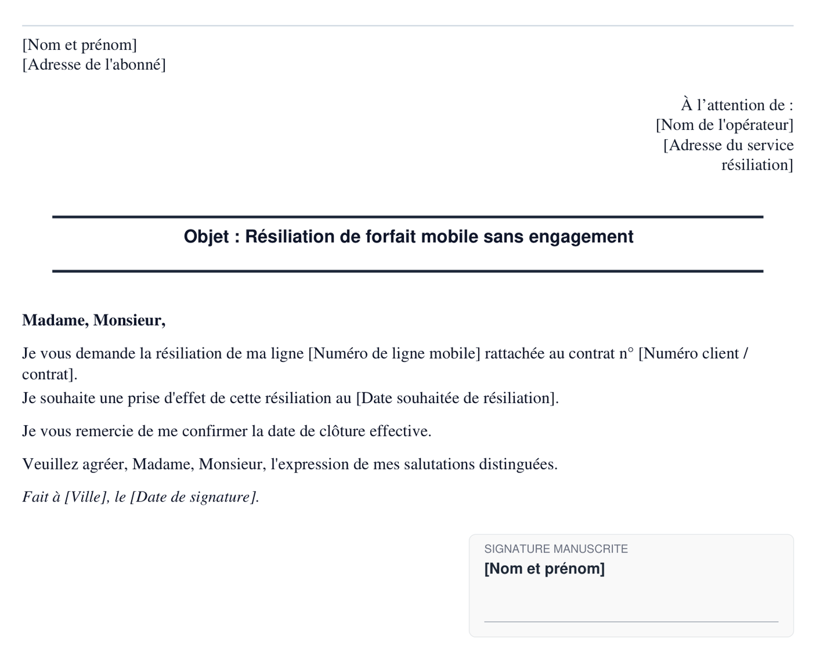Exemple de resiliation de forfait mobile sans engagement en format PDF