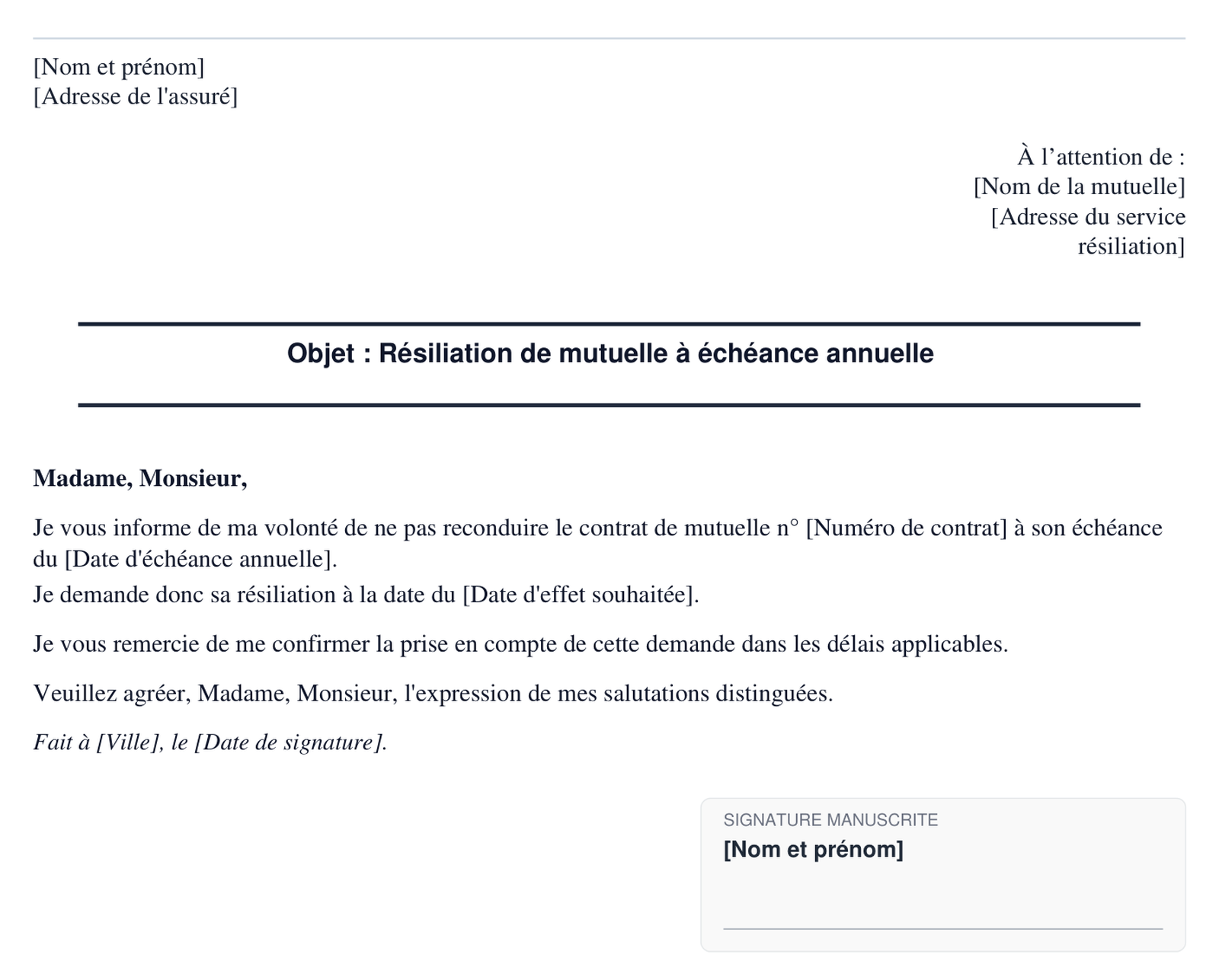 Exemple de resiliation de mutuelle a echeance annuelle en format PDF