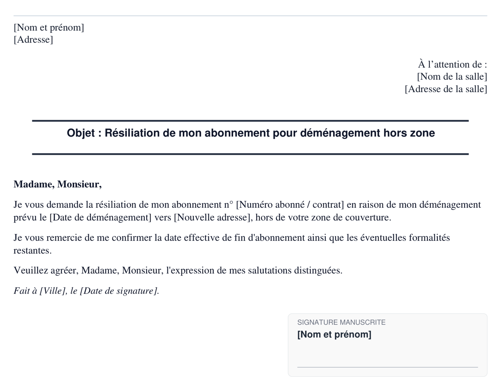 Exemple de resiliation de salle de sport pour demenagement hors zone en format PDF