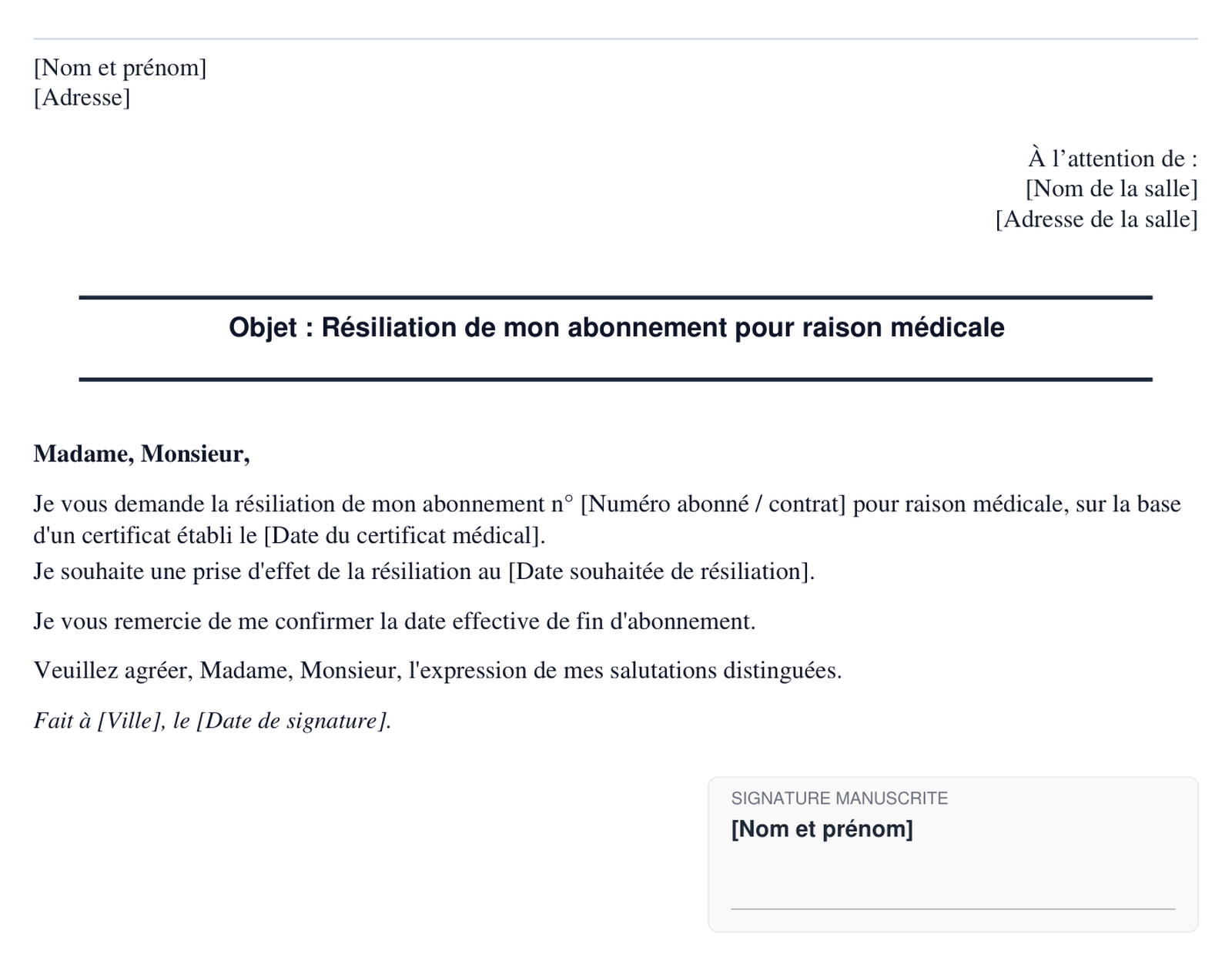 Exemple de resiliation de salle de sport pour raison medicale en format PDF