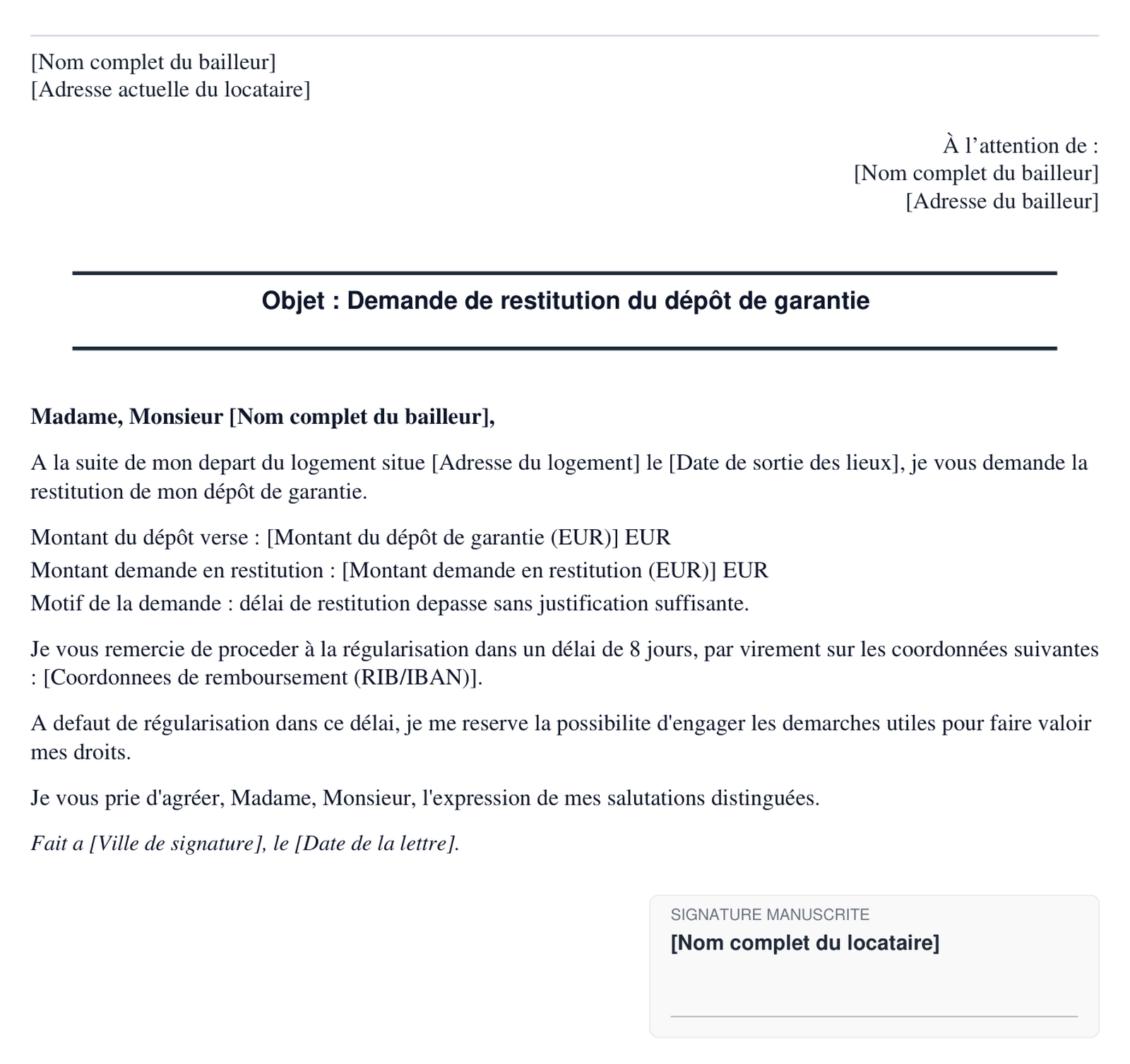 Exemple de demande de restitution du depot de garantie en format PDF