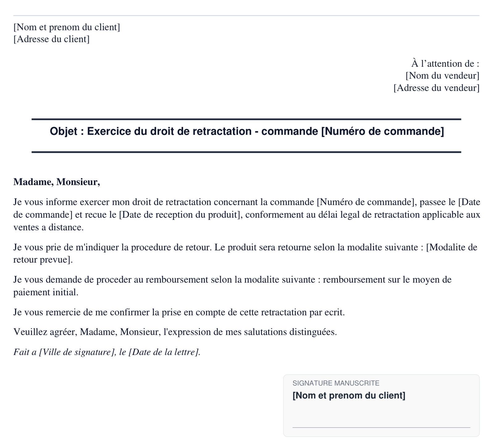 Exemple de lettre de retractation d'achat en ligne en format PDF