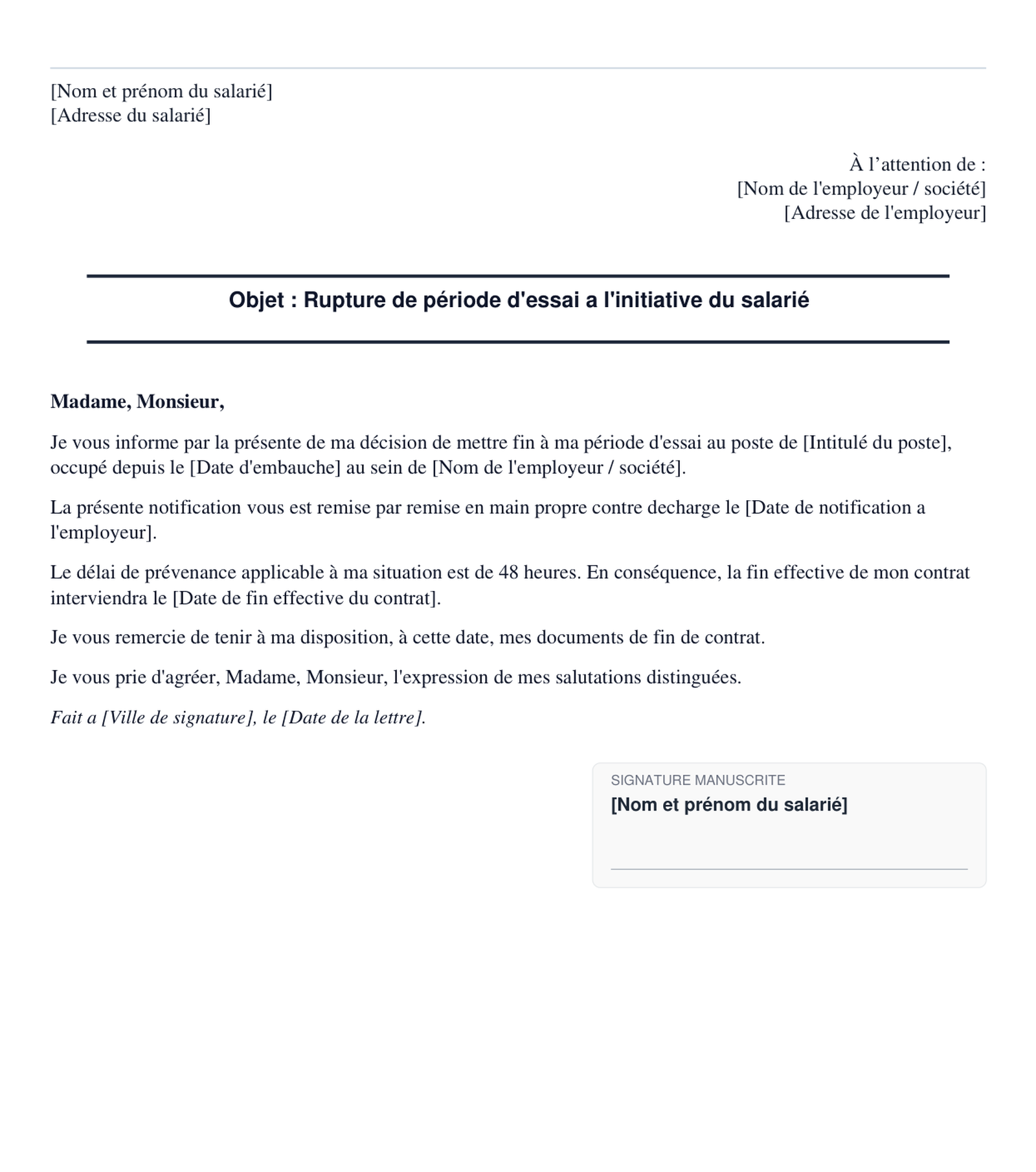 Exemple de rupture de période d'essai par le salarié en format PDF